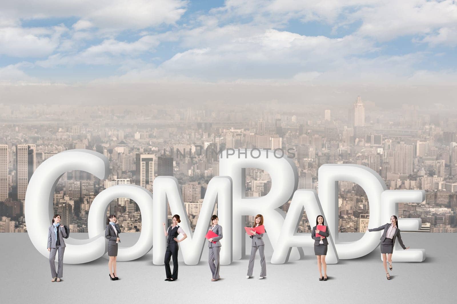 Concept of partner, friends,collaborate with group of business people stand with 3d text.