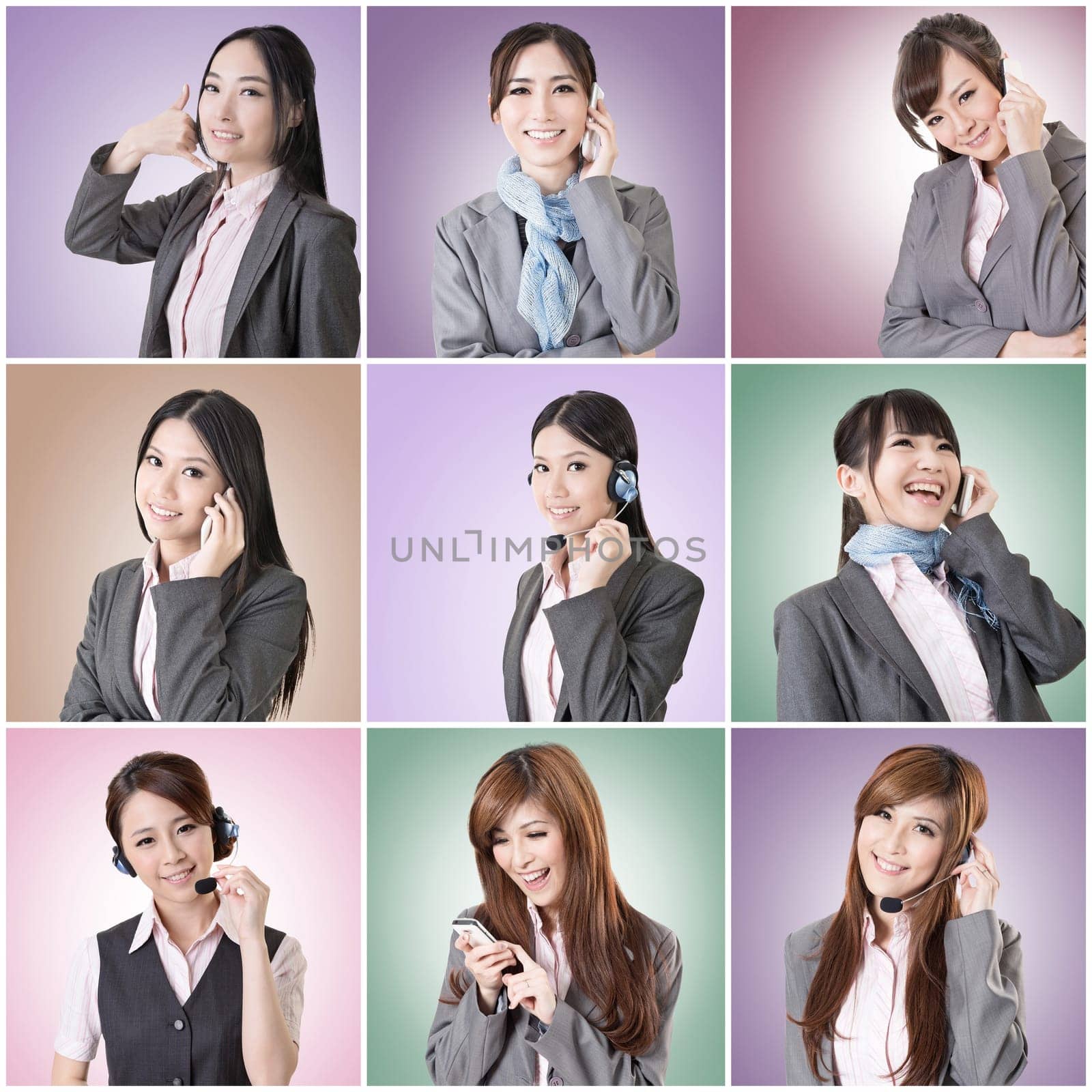 Collection of Asian business woman talk and listen, concept about connect, social media, group, speak etc.