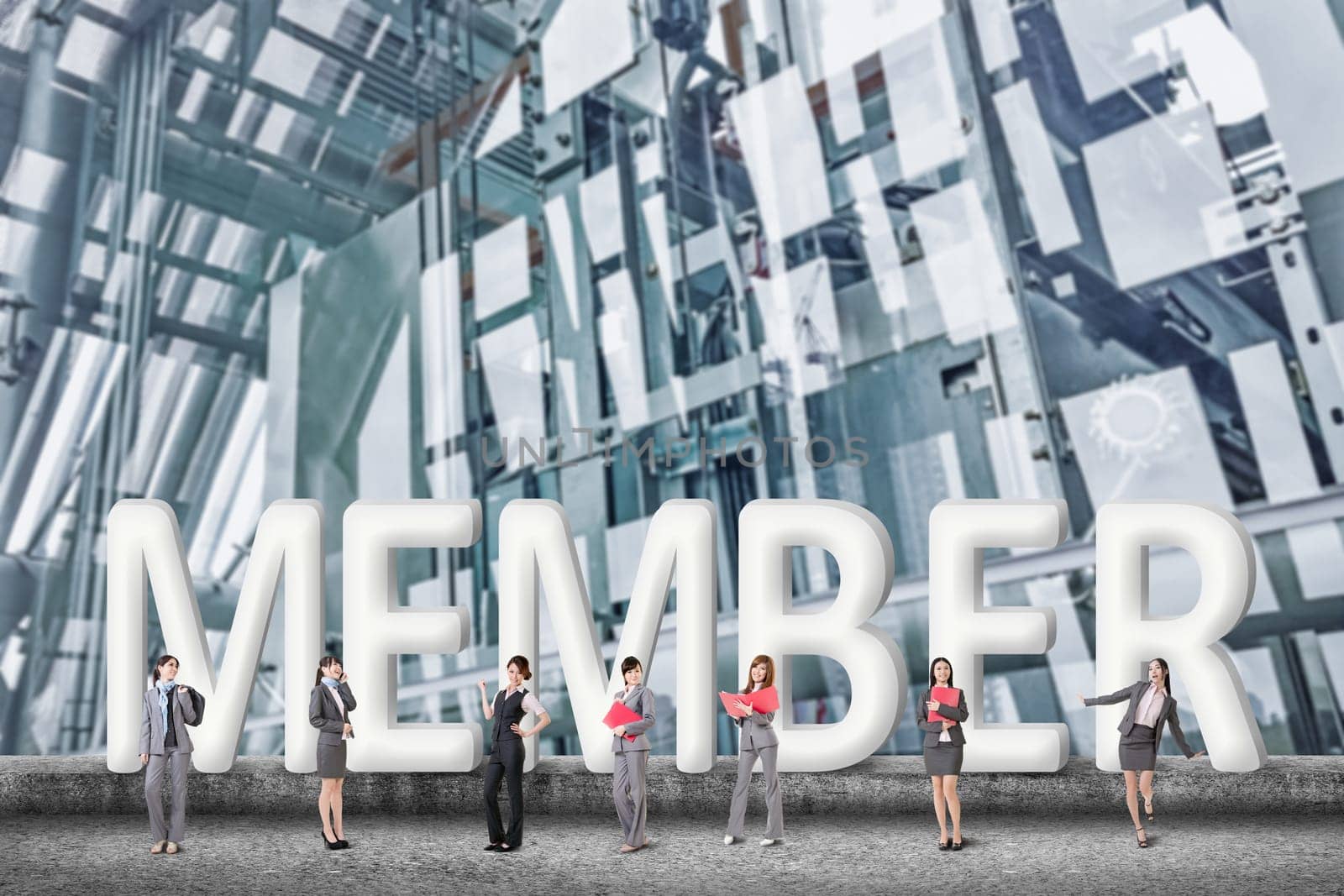 Concept of partner, friends,collaborate with group of business people stand with 3d text.