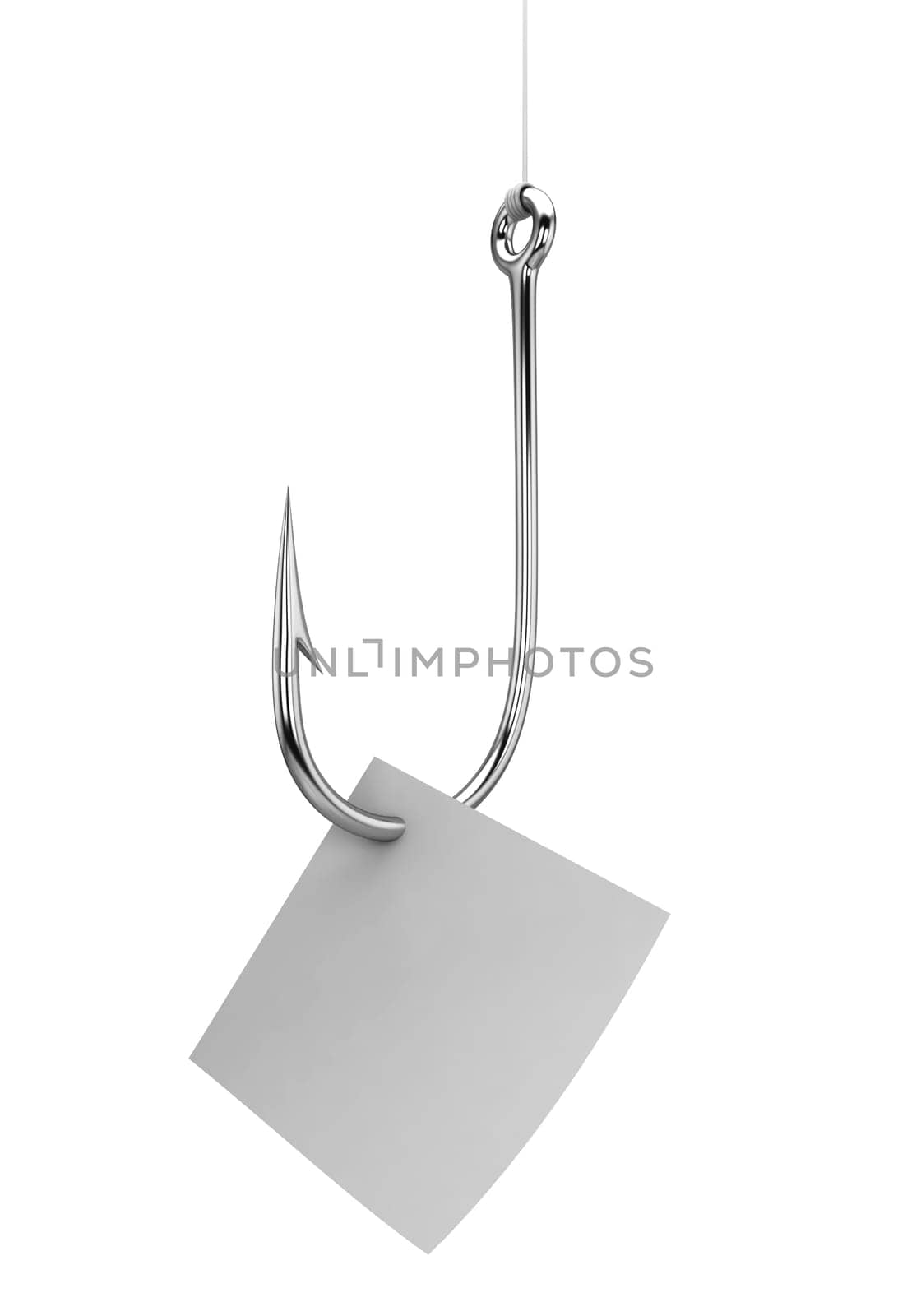 Fishing hook with note. 3d illustration isolated on white background
