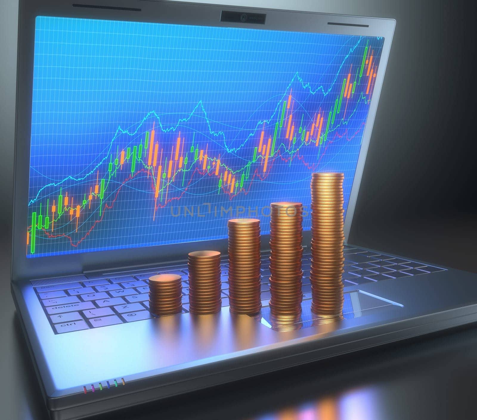 Stock Chart on the laptop screen and gold coins on the keyboard forming a growing chart.