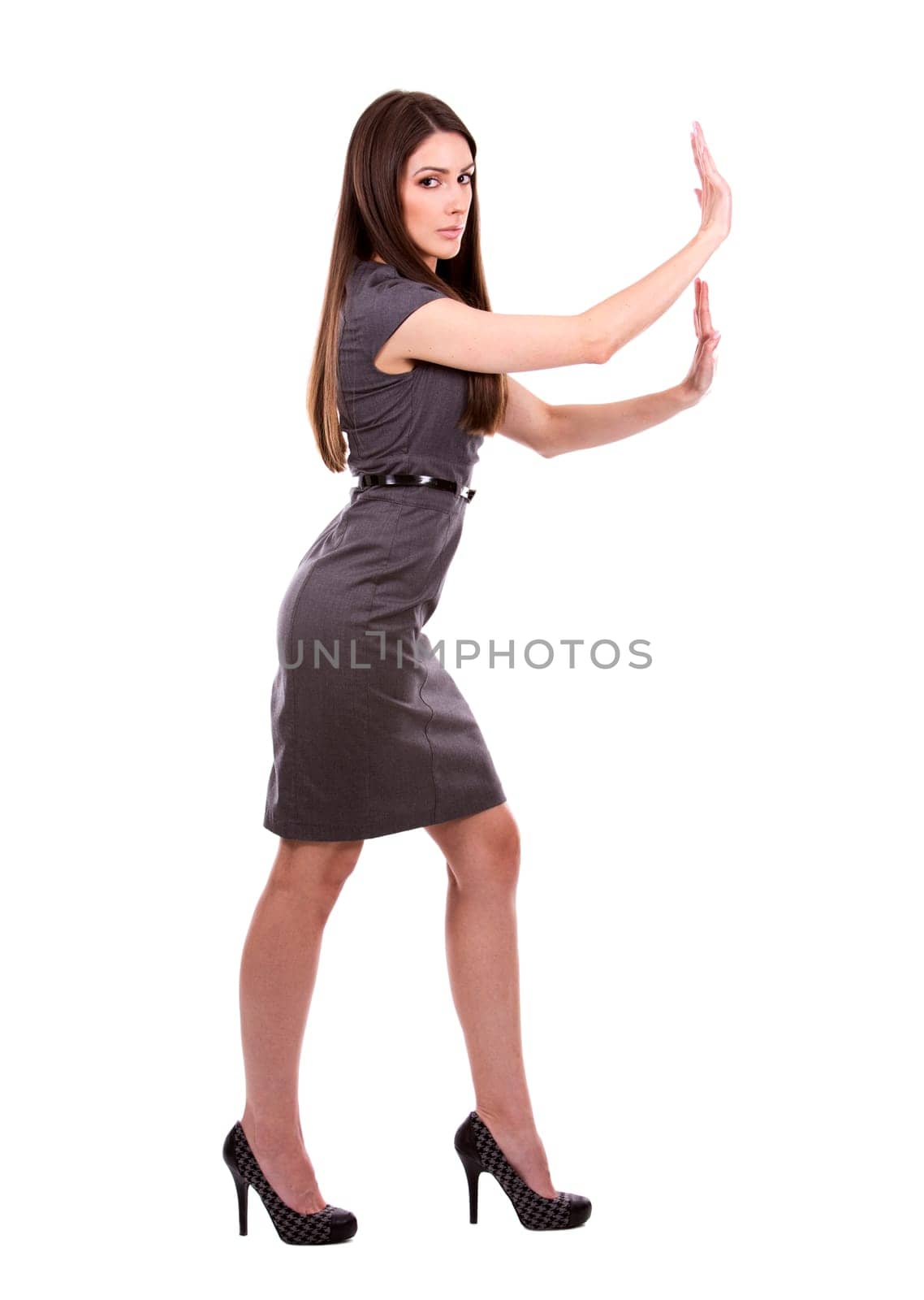 young caucasian woman wearing business dress on white background