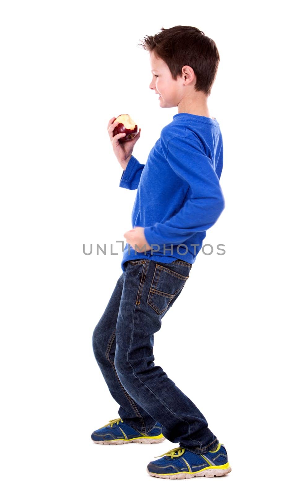 six years old boy wearing blue outfit on white background