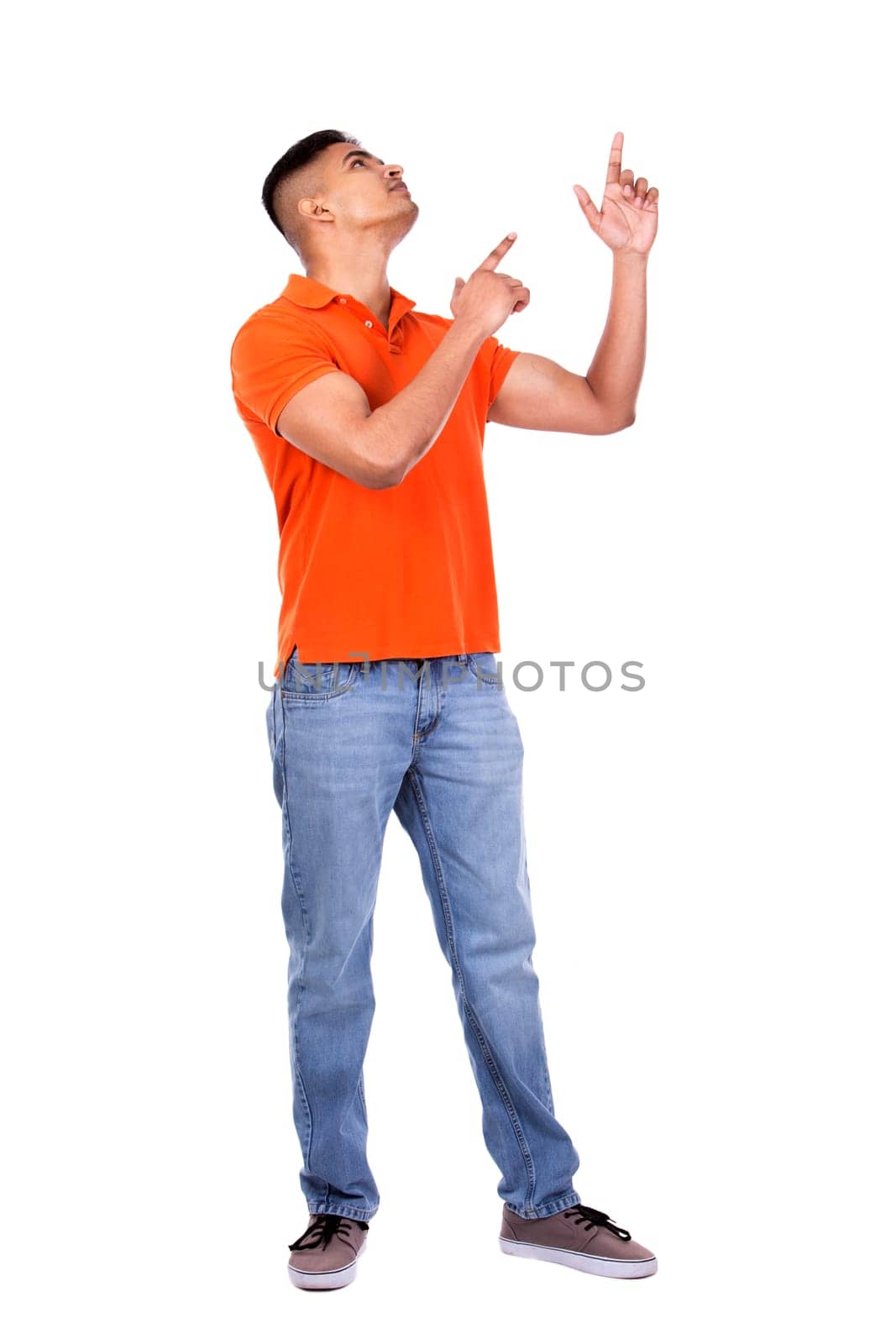 young casual man wearing orange tshirt on white isolated background