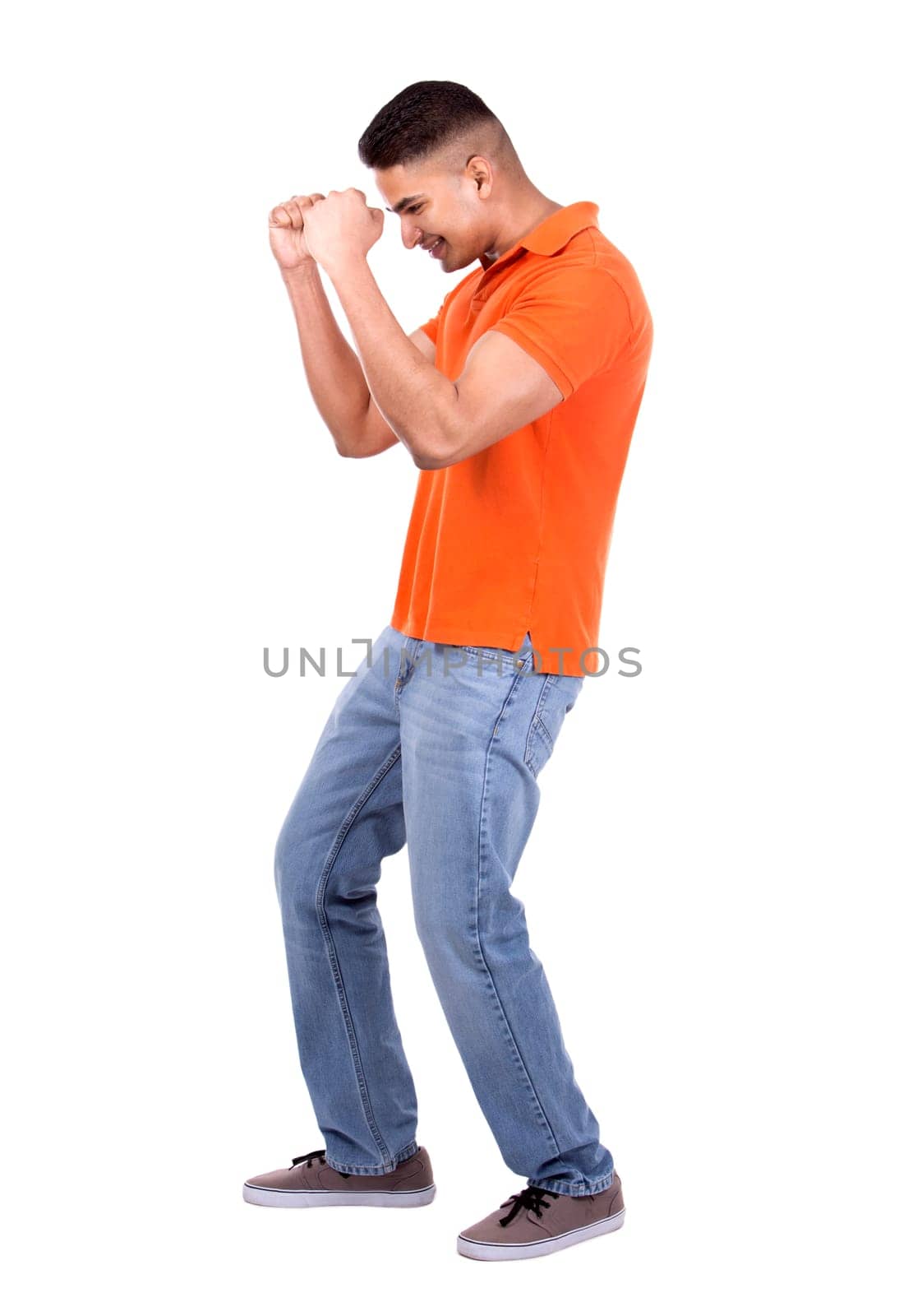 young casual man wearing orange tshirt on white isolated background