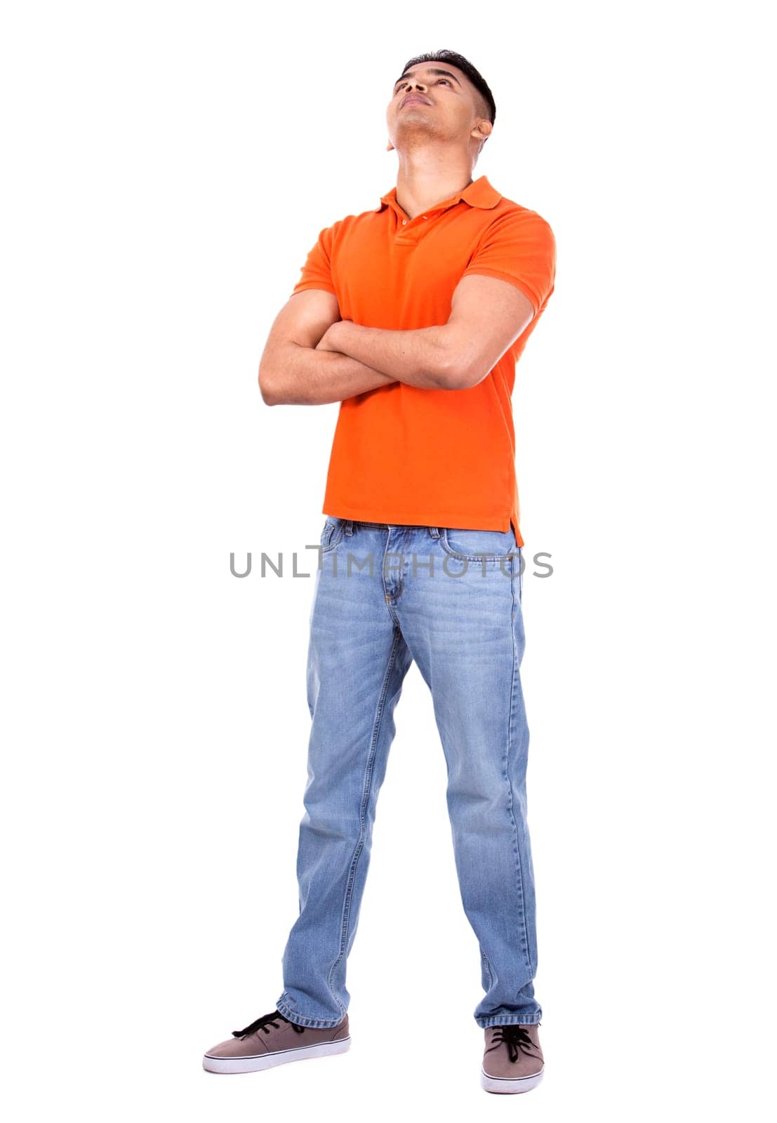 young casual man wearing orange tshirt on white isolated background