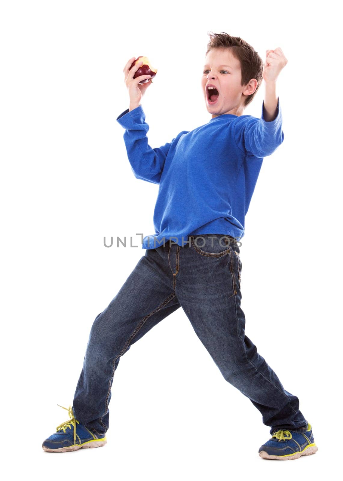 six years old boy wearing blue outfit on white background