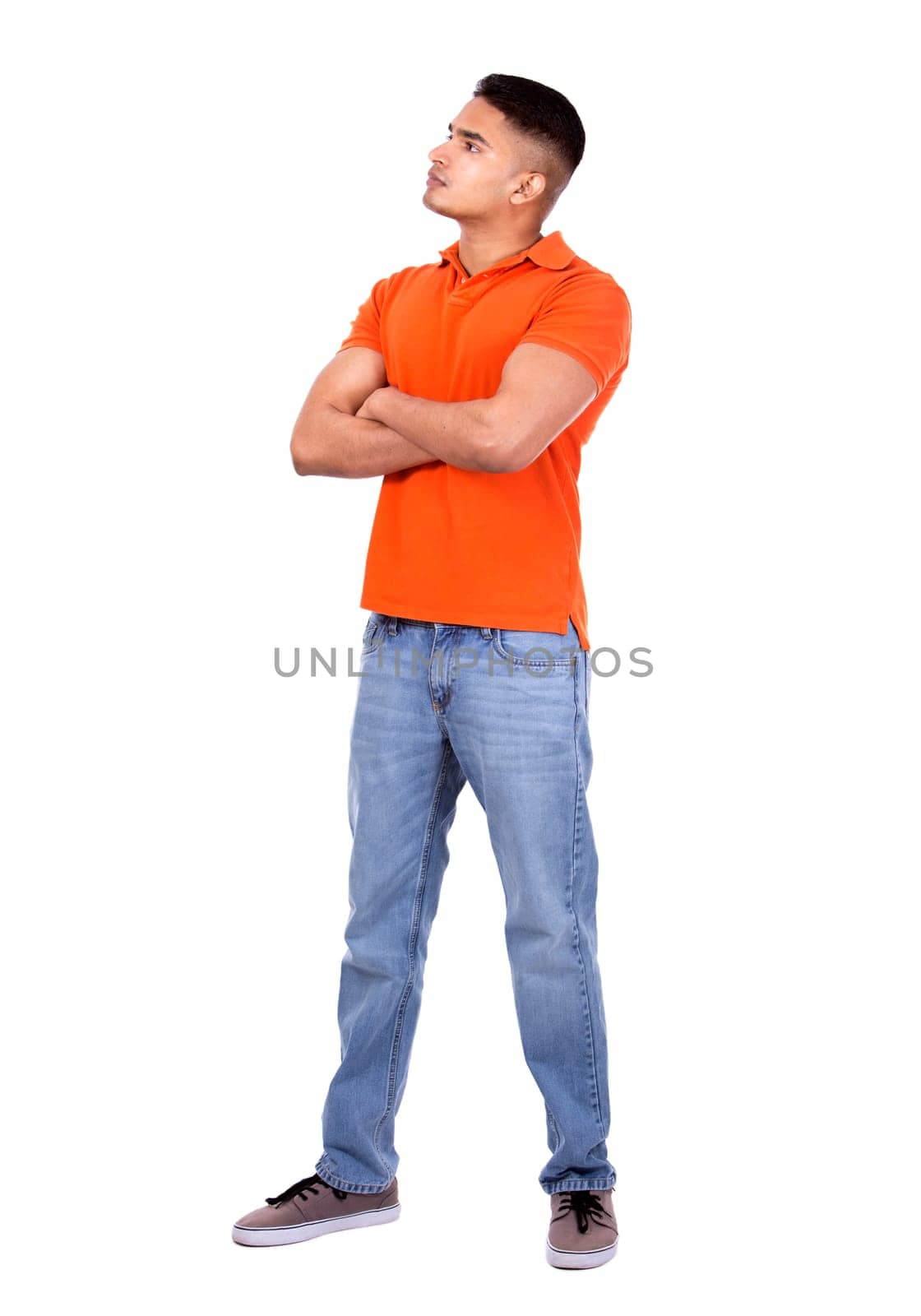 young casual man wearing orange tshirt on white isolated background