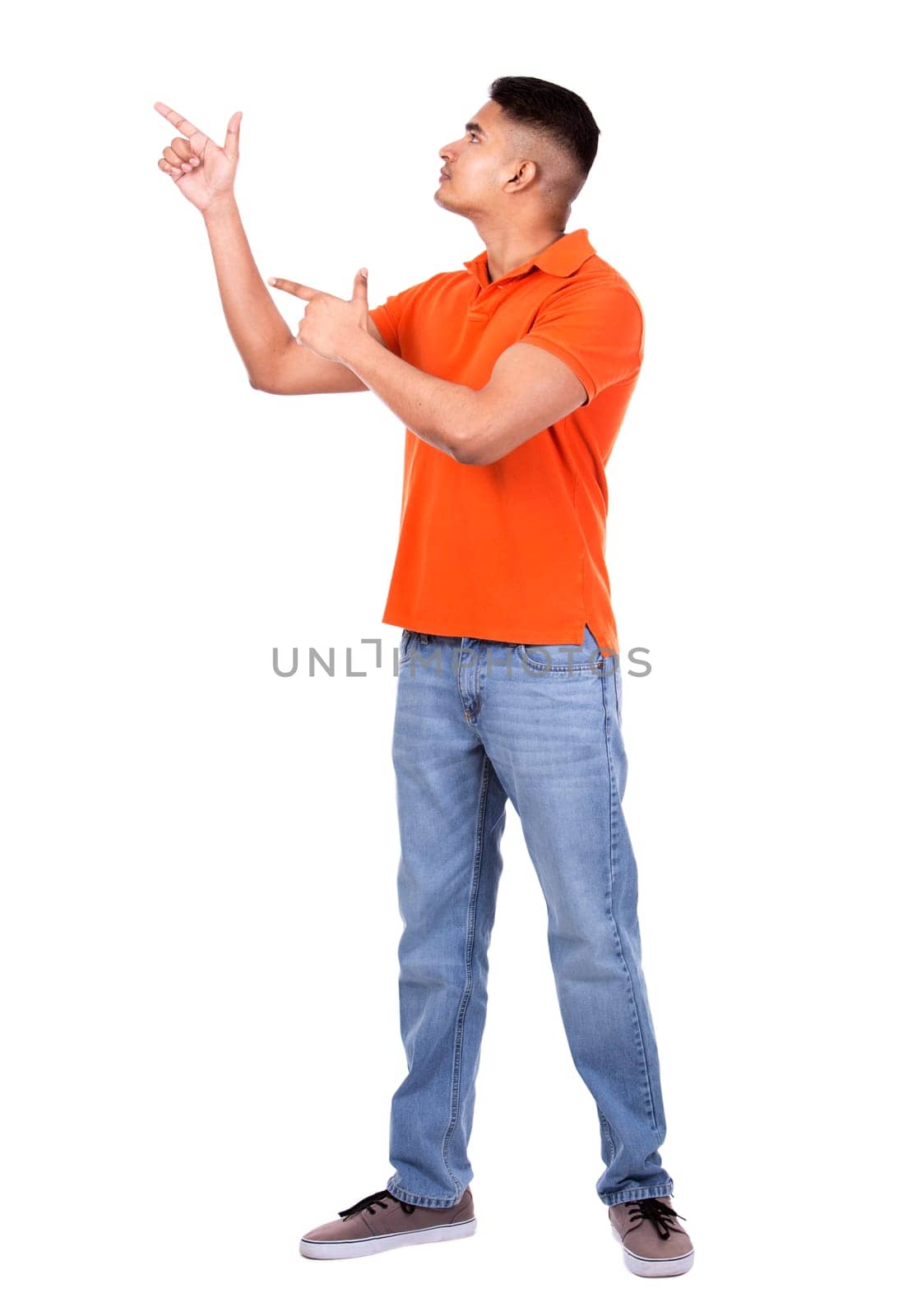 young casual man wearing orange tshirt on white isolated background