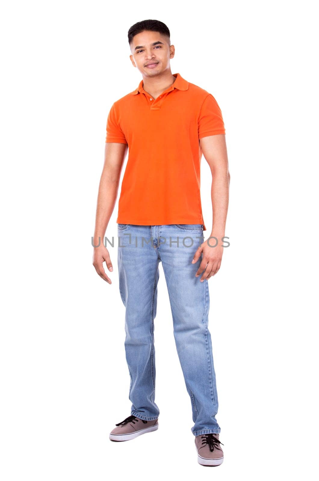 young casual man wearing orange tshirt on white isolated background
