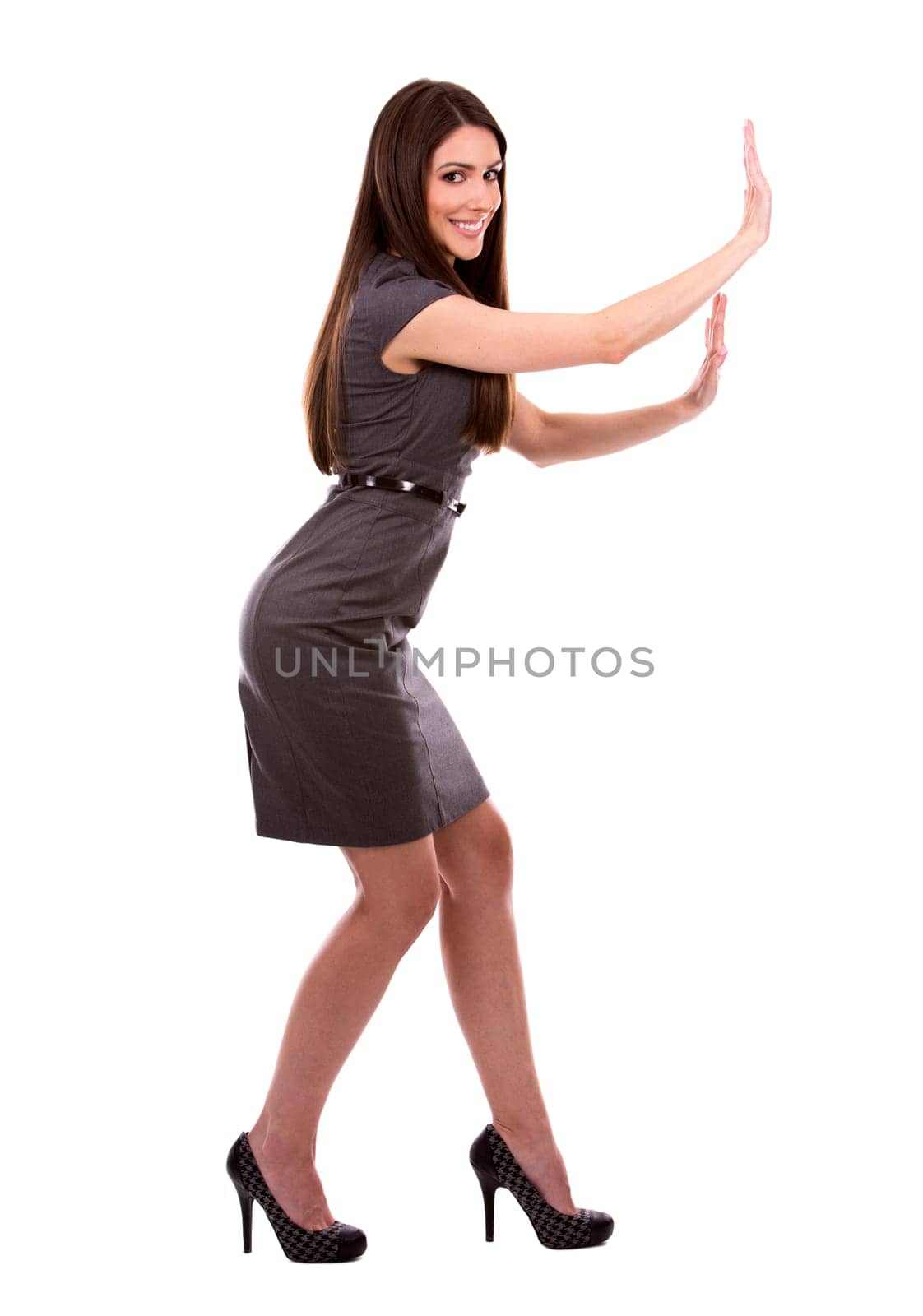 young caucasian woman wearing business dress on white background