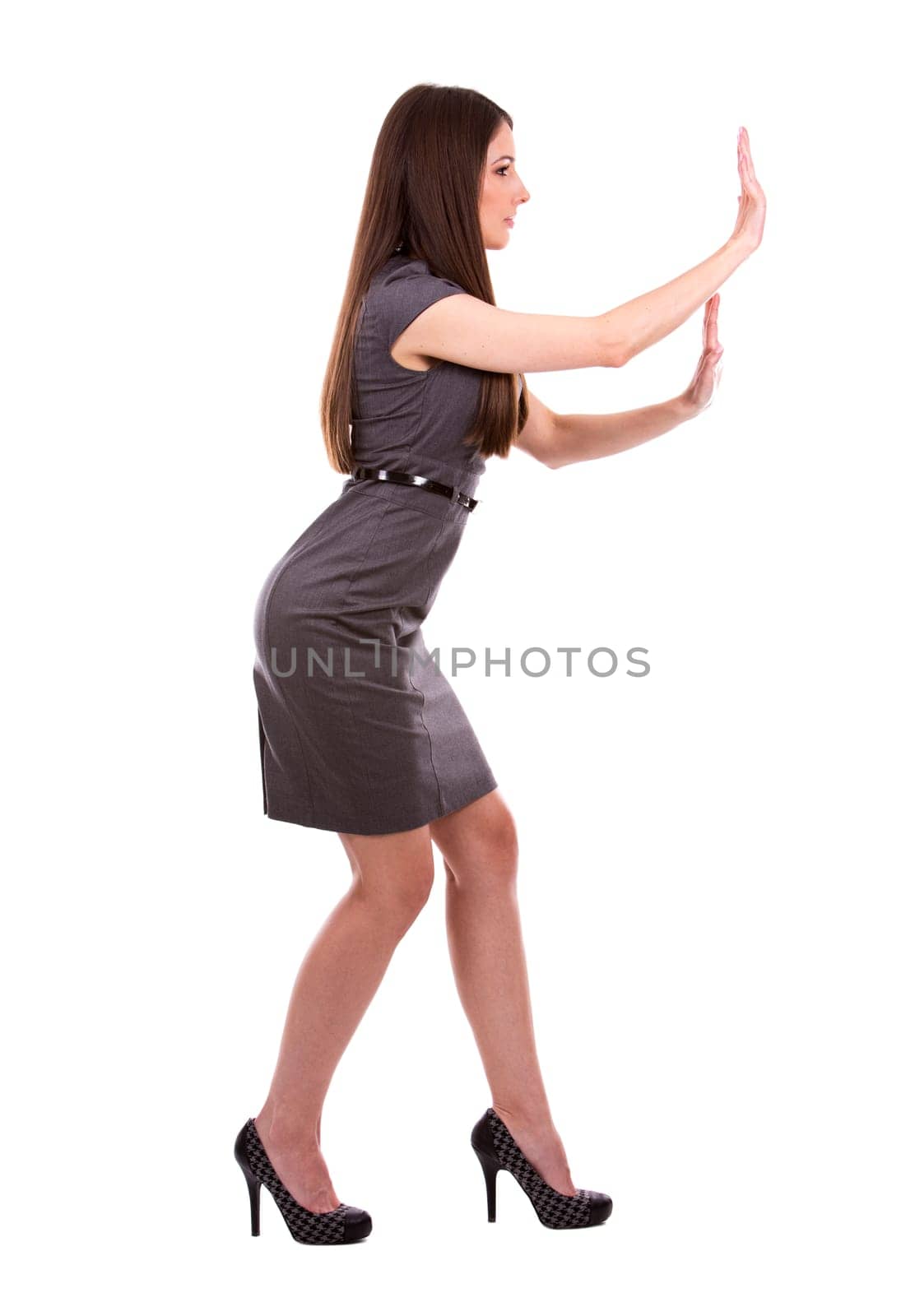 young caucasian woman wearing business dress on white background