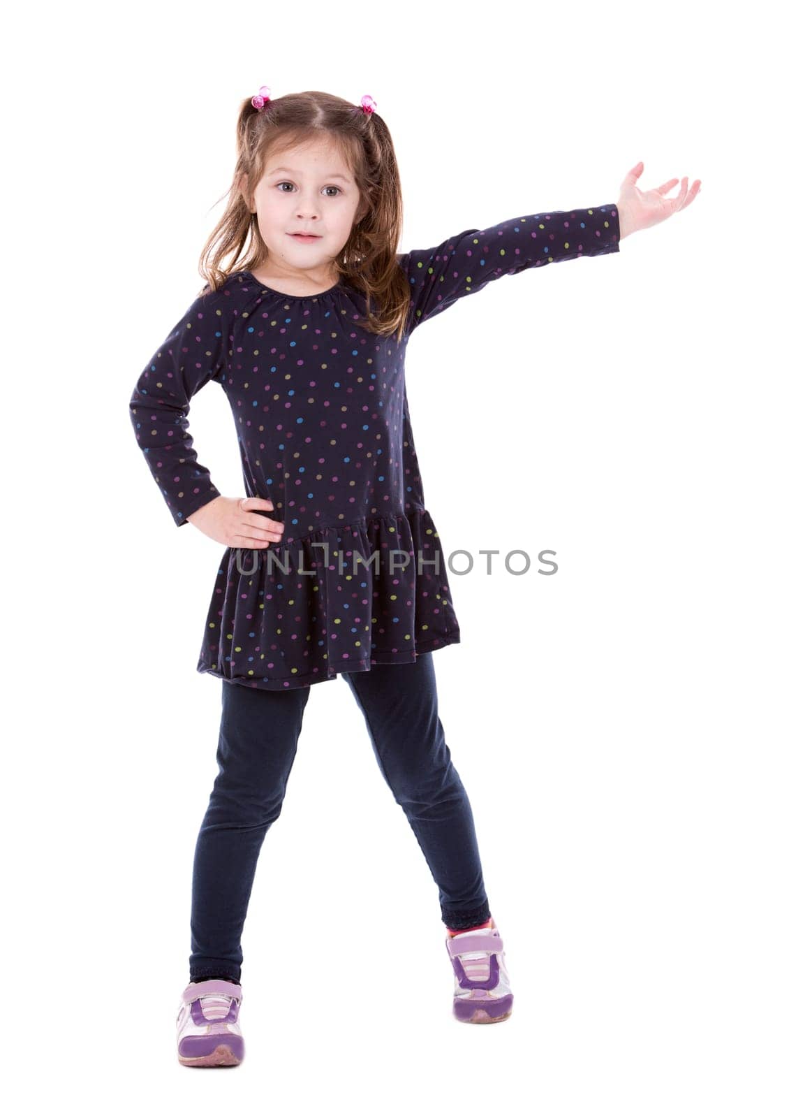 four years old girl wearing blue outfit on white background