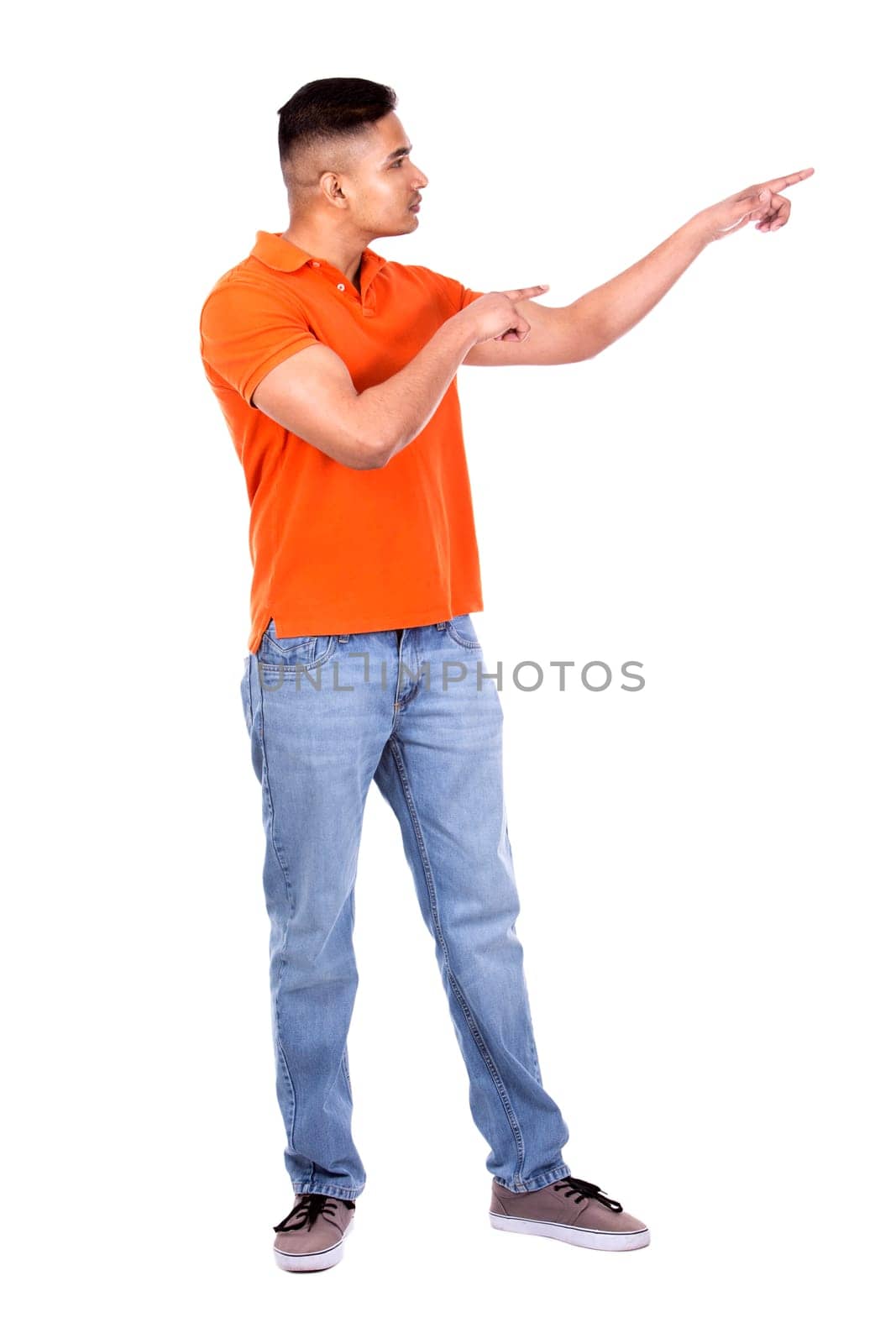 young casual man wearing orange tshirt on white isolated background