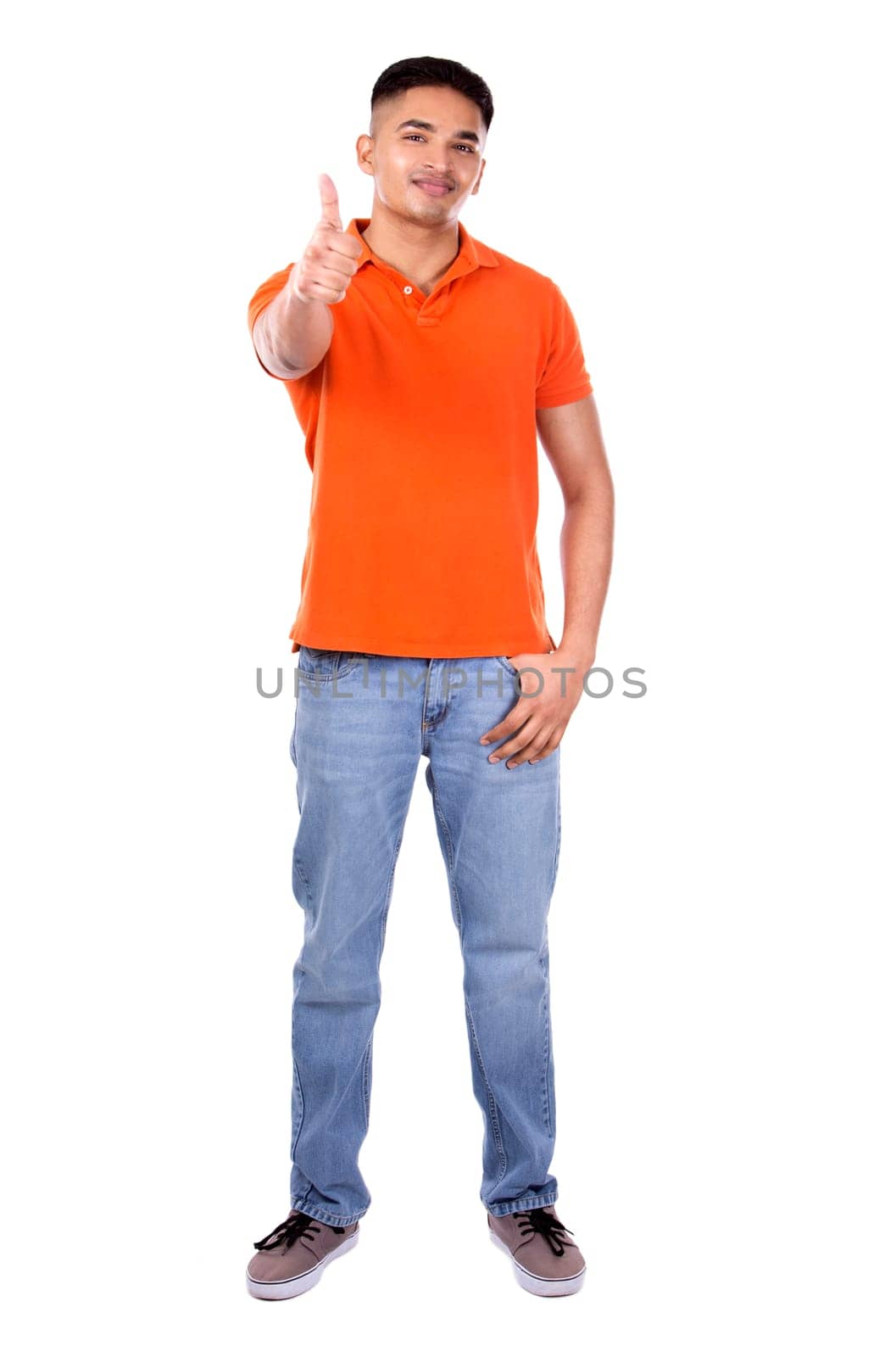 young casual man wearing orange tshirt on white isolated background