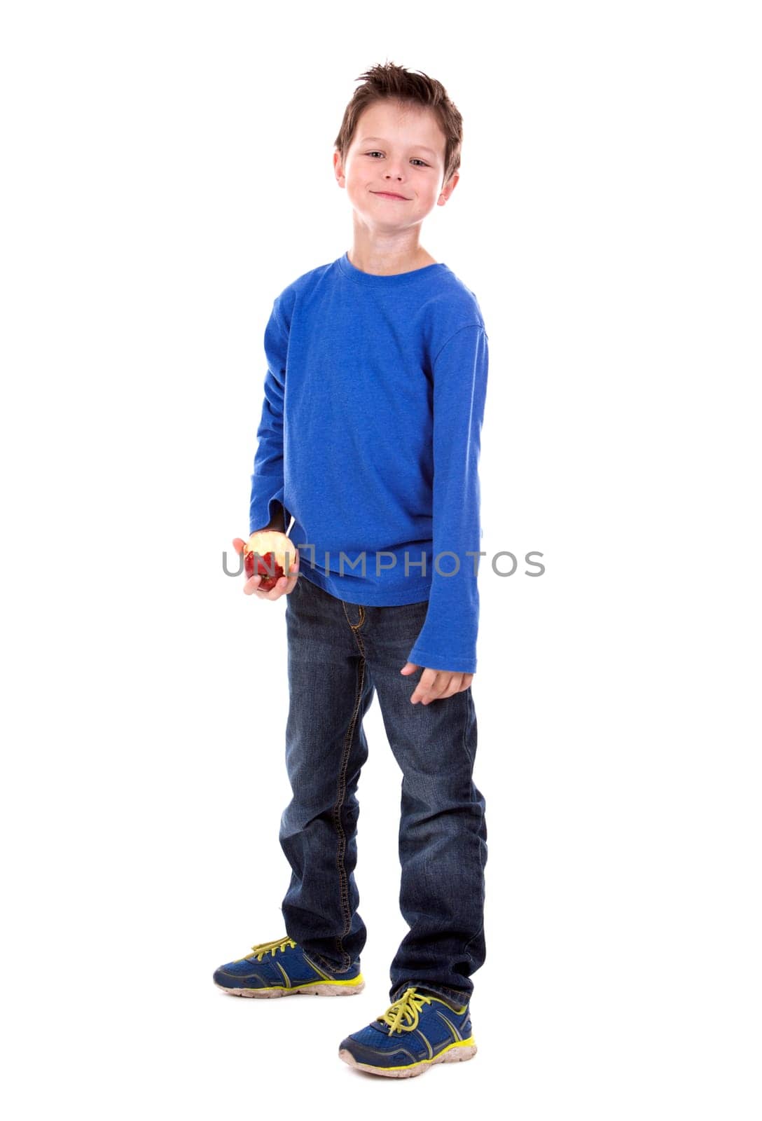 six years old boy wearing blue outfit on white background