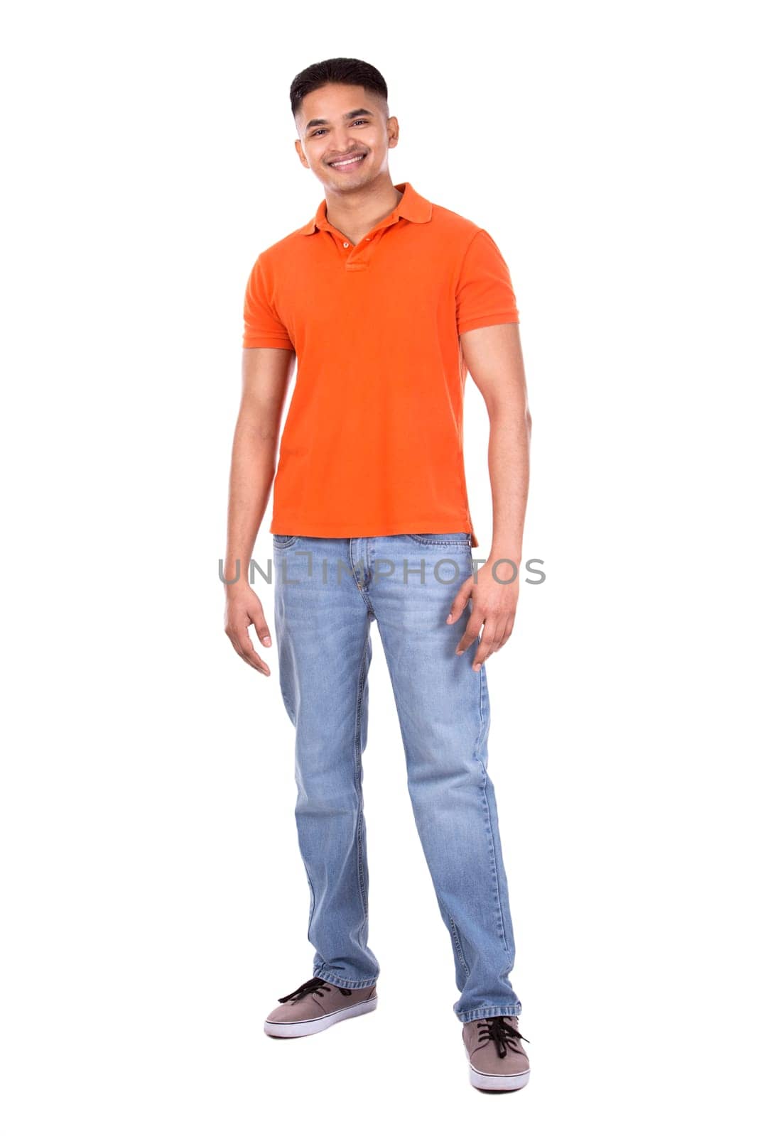 young casual man wearing orange tshirt on white isolated background