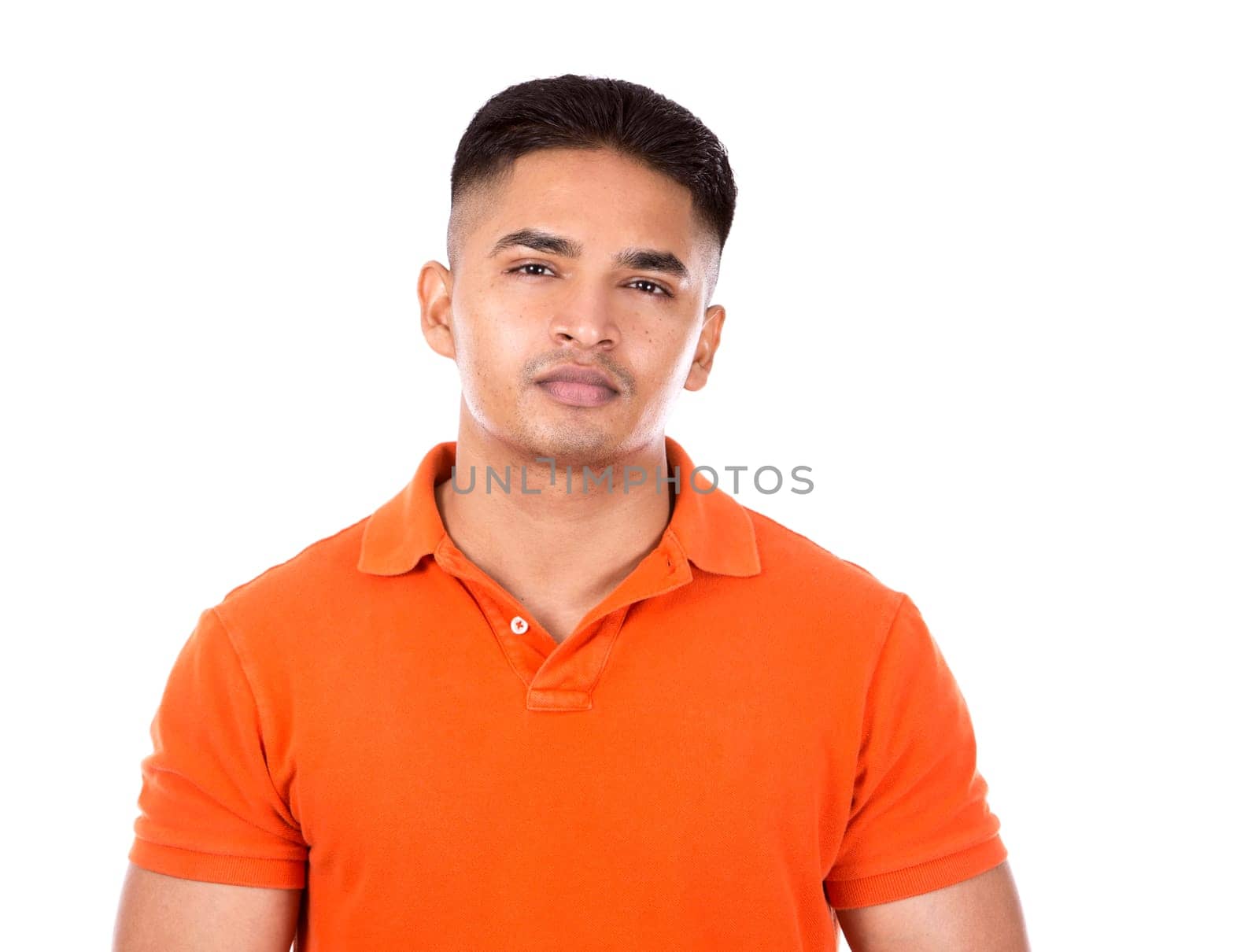 young casual man wearing orange tshirt on white isolated background