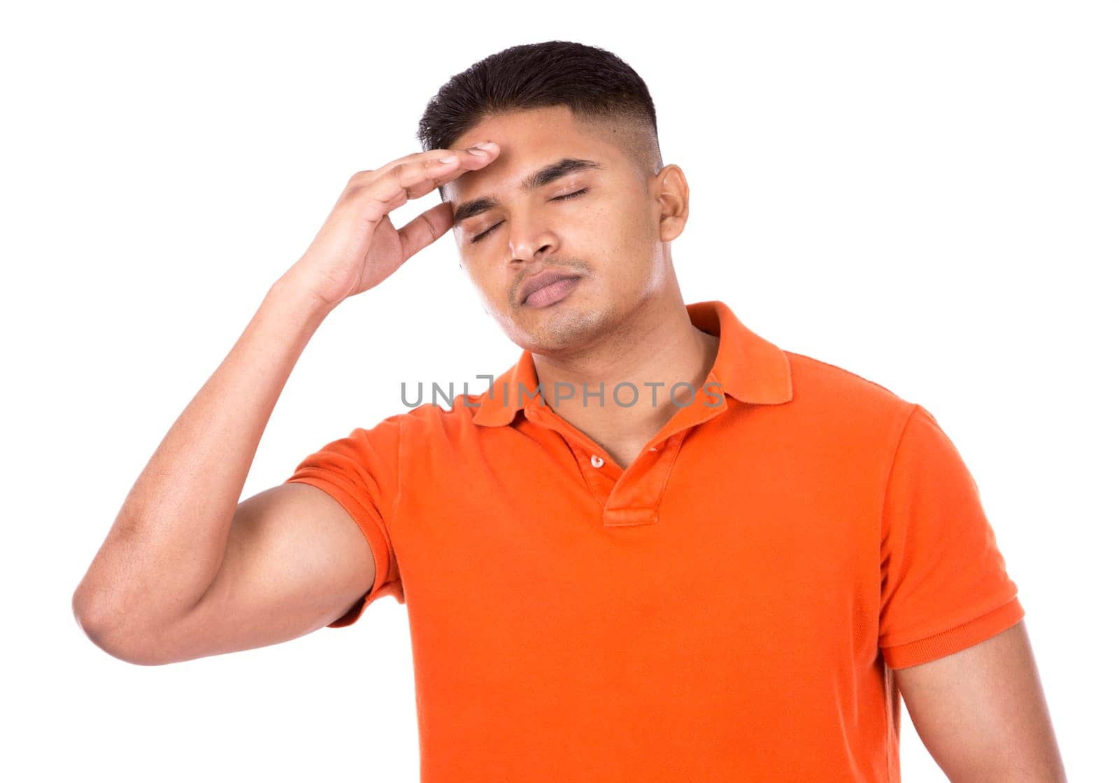 young casual man wearing orange tshirt on white isolated background