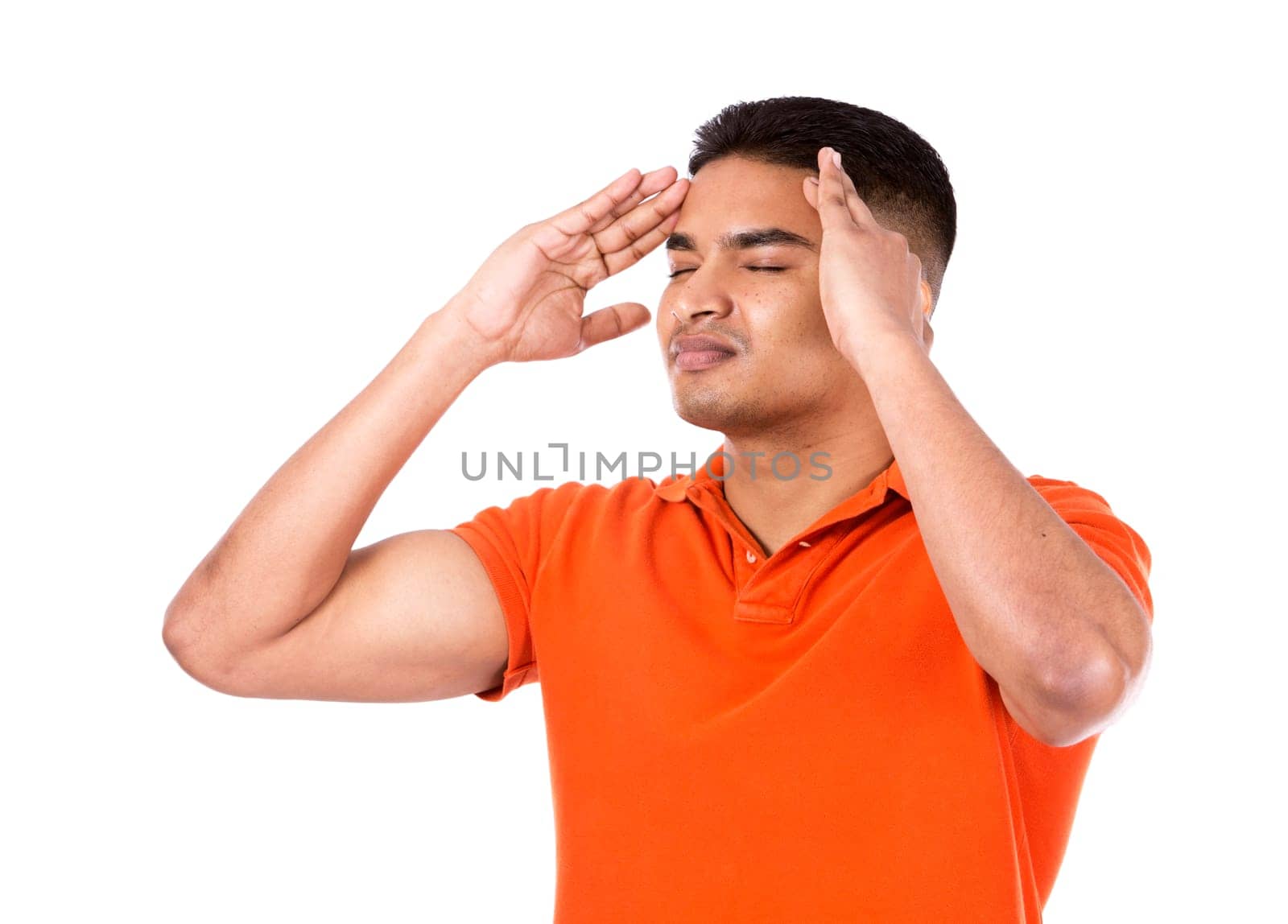 young casual man wearing orange tshirt on white isolated background