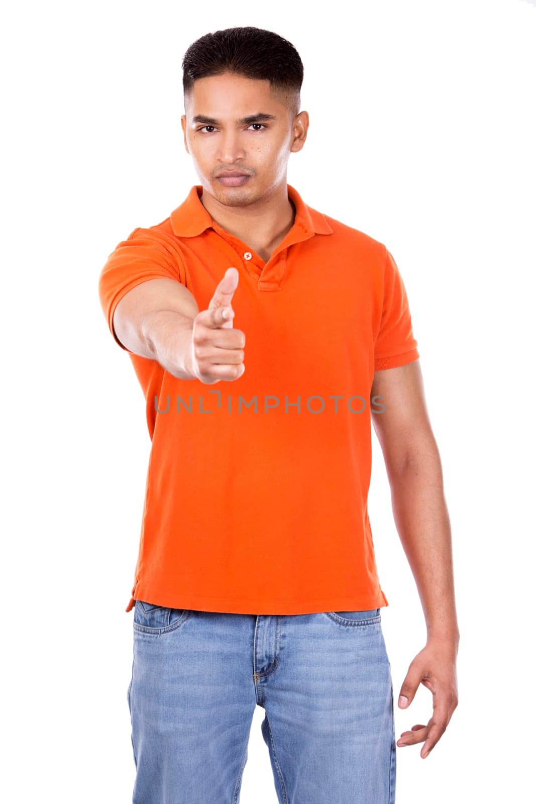 young casual man wearing orange tshirt on white isolated background