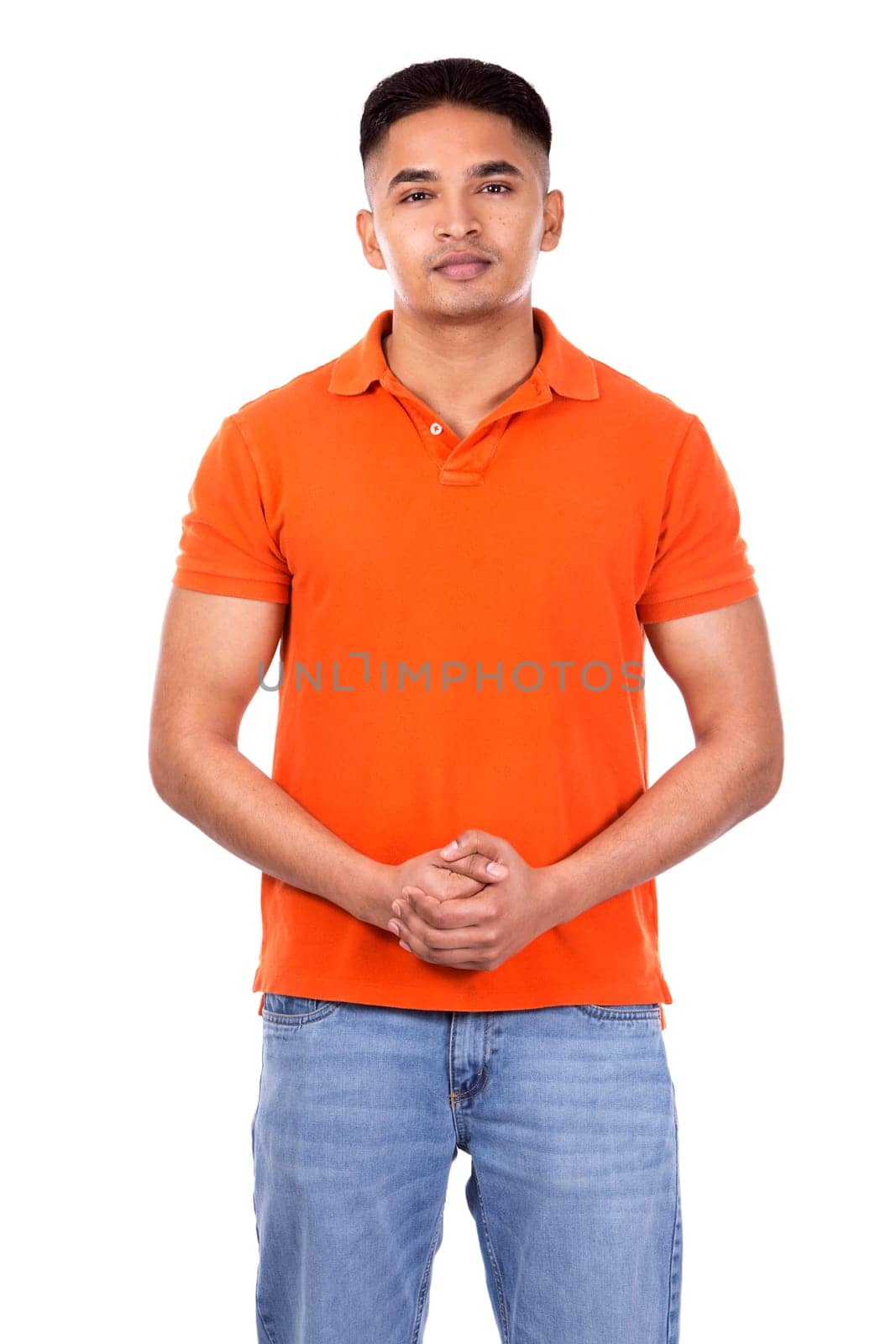 young casual man wearing orange tshirt on white isolated background