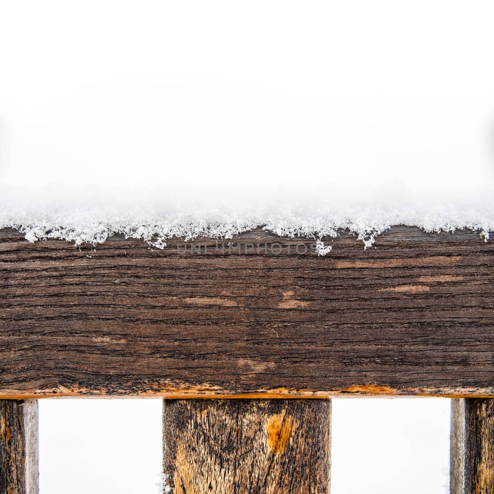 Detail of weathered wooden bench covered in snow, winter time illustration