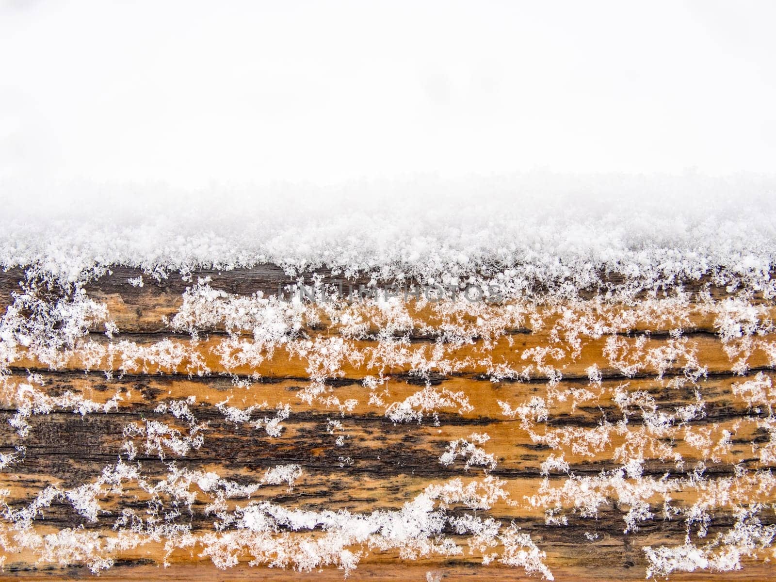 Detail of weathered wooden bench covered in snow, winter time illustration