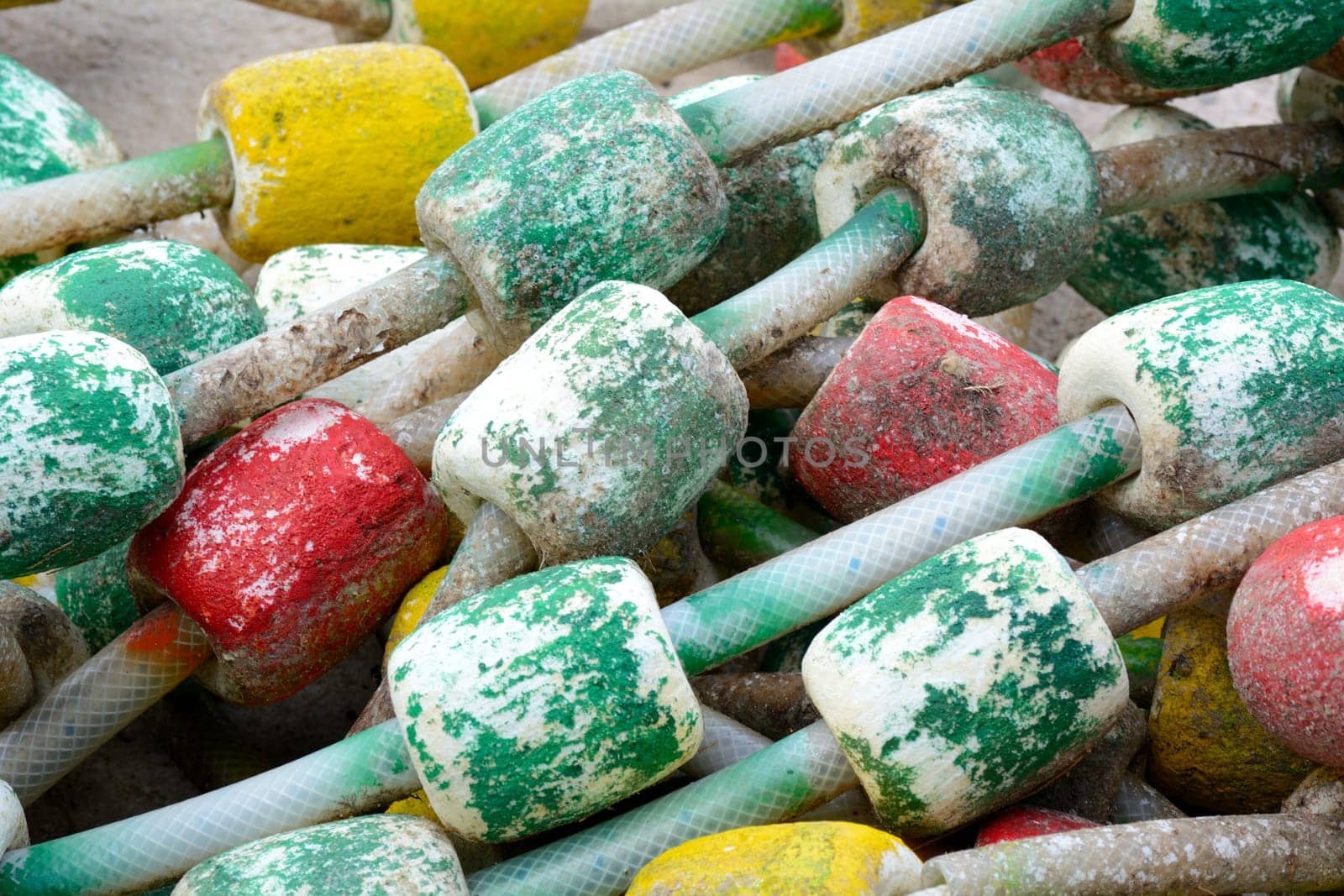 Colorful floats on fishing net