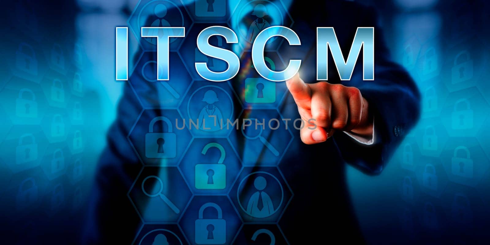 Business planning administrator is pushing ITSCM on a touch screen interface. Technology concept and business metaphor for information technology service continuity management processes.