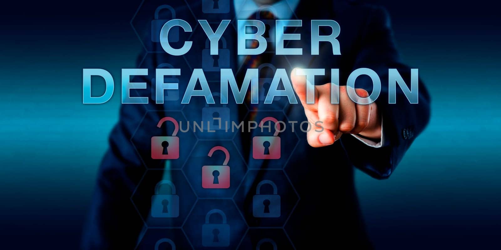 Legal consultant is touching CYBER DEFAMATION on a virtual interface. Information technology concept for defamation via malicious online commentary in forums, websites and internet portals.
