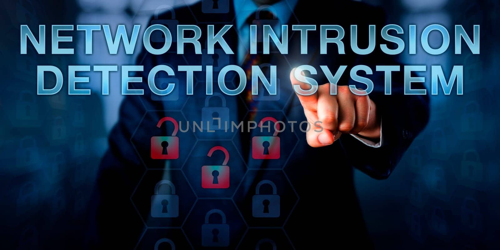 Administrator is pushing NETWORK INTRUSION DETECTION SYSTEM on a touch screen interface. Business metaphor and information technology concept for software monitoring a computer network for attacks.