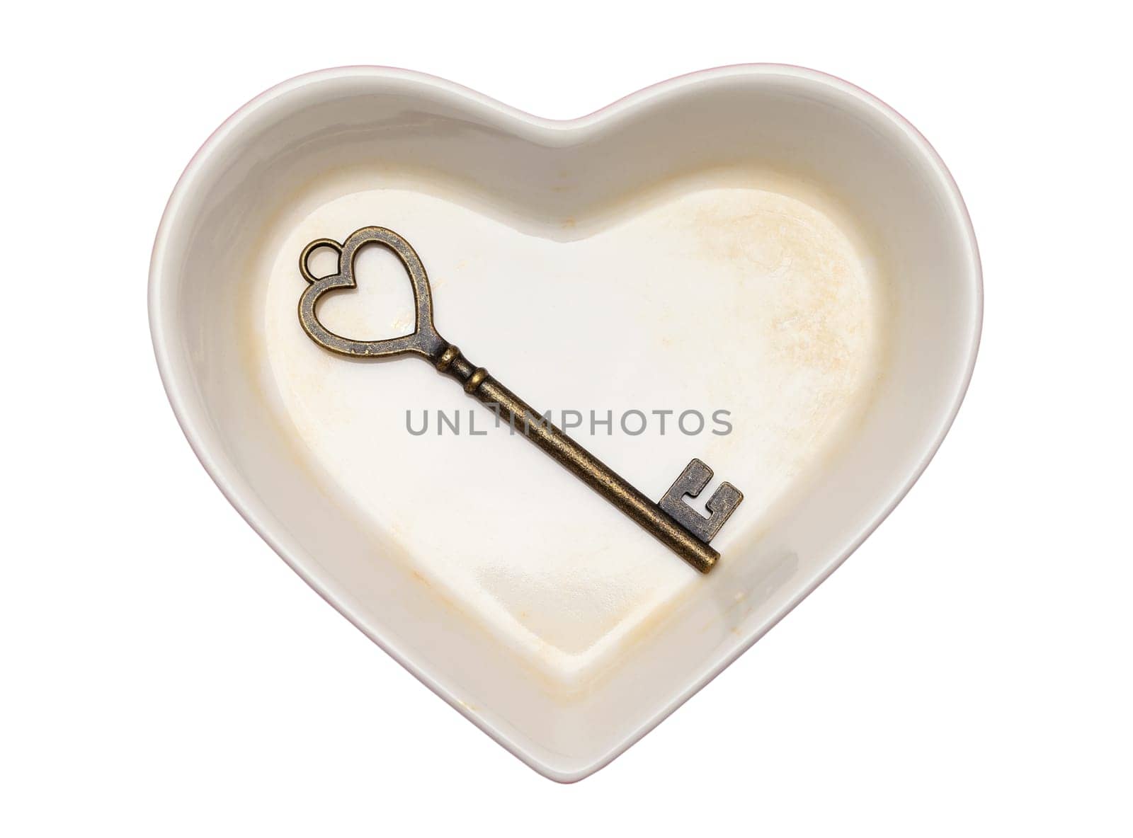 vintage key and heart shape plate isolated on white background