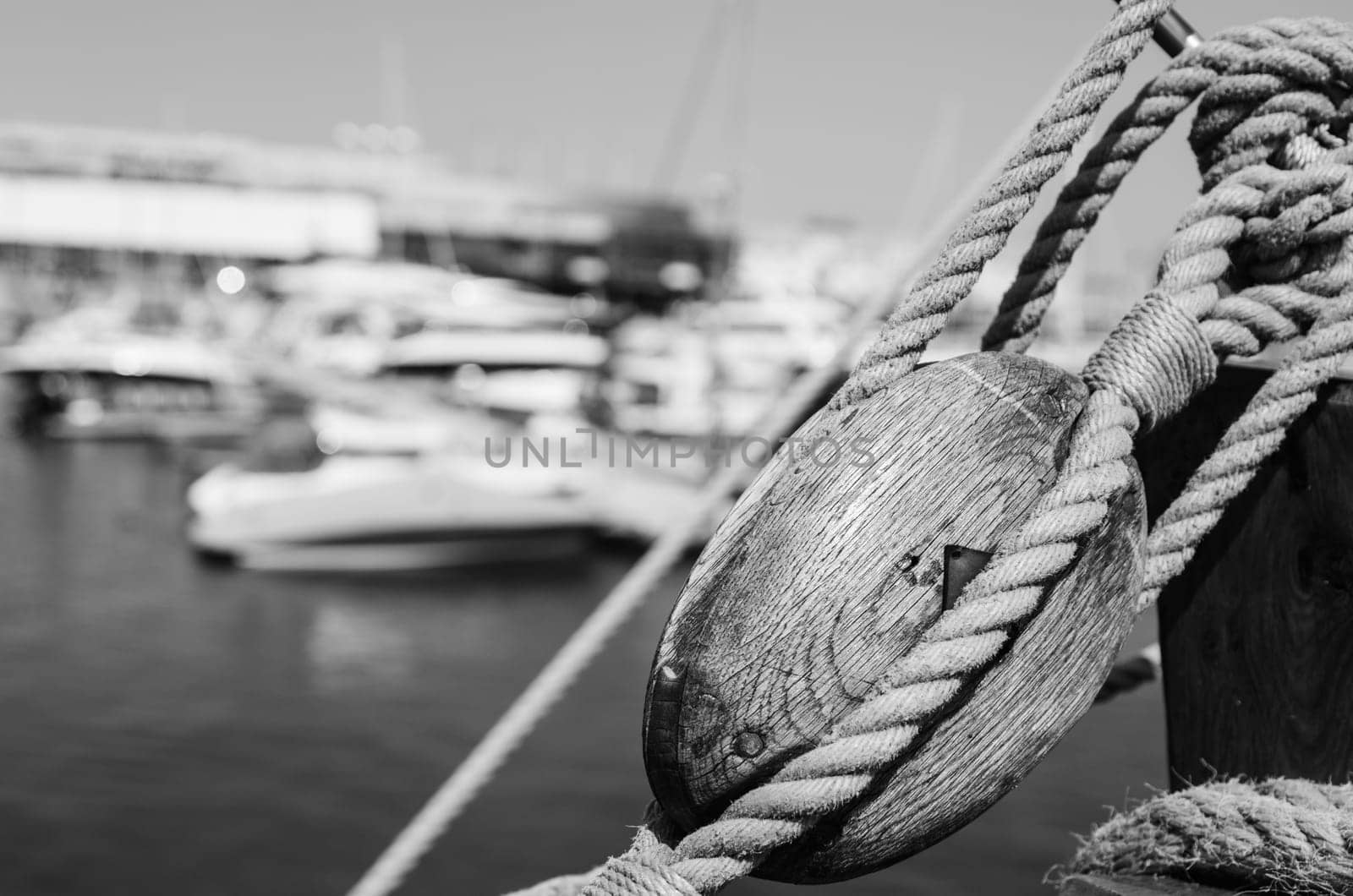 Blocks and rigging at the old sailboat, close-up
