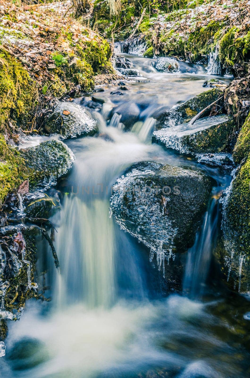 The flow of water in the spring of icicles and ice