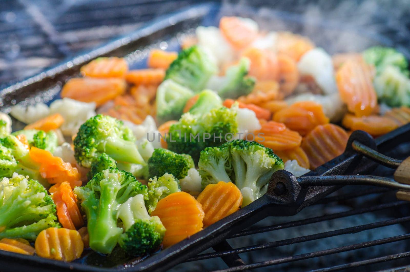 Vegetables fried on coals, close up. Note