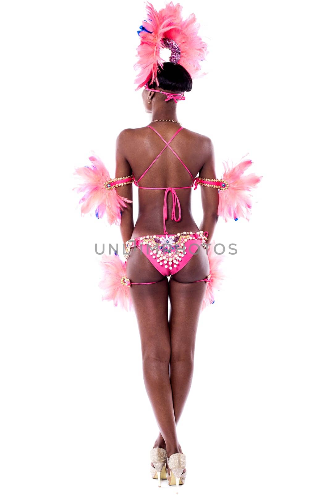 Back view of samba dancer in carnival costume