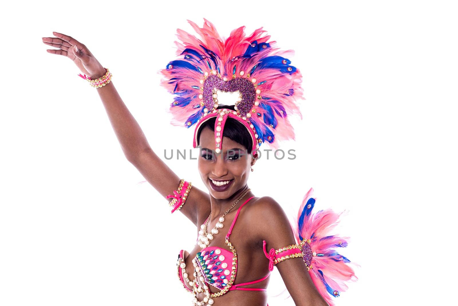 Cheerful samba woman dancing in pretty costume