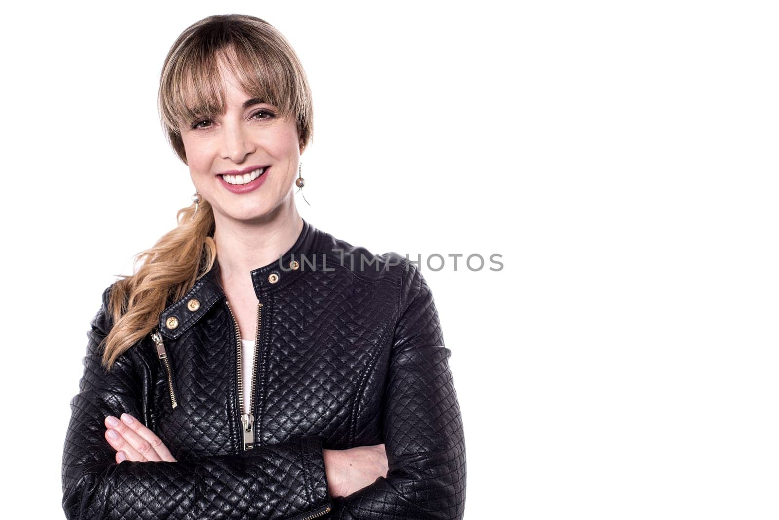 Happy woman posing to camera with cute smile
