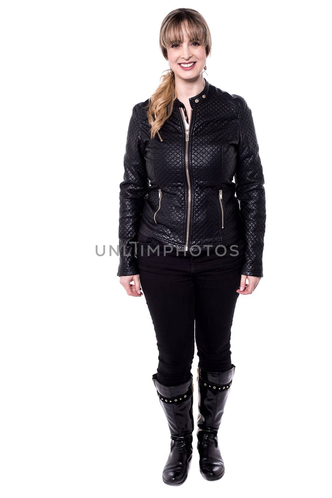 Woman in trendy wear, full length portrait.