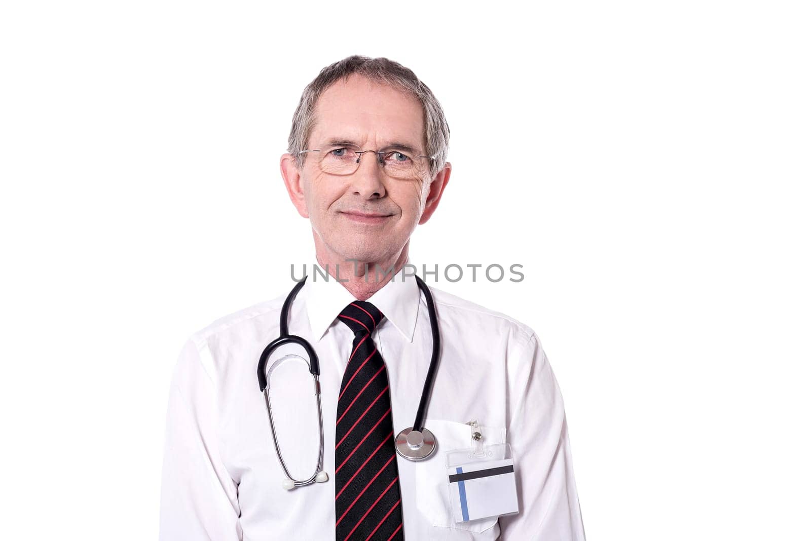 Caucasian senior doctor posing isolated over white background