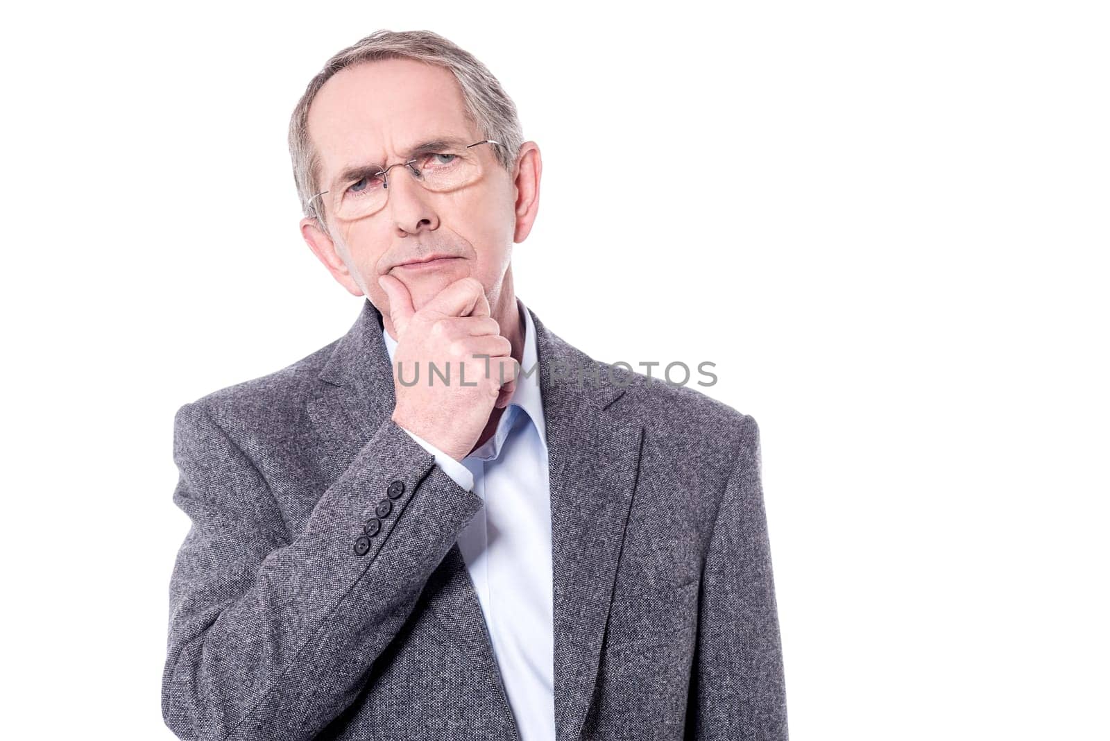 Old man thinking something seriously over white.