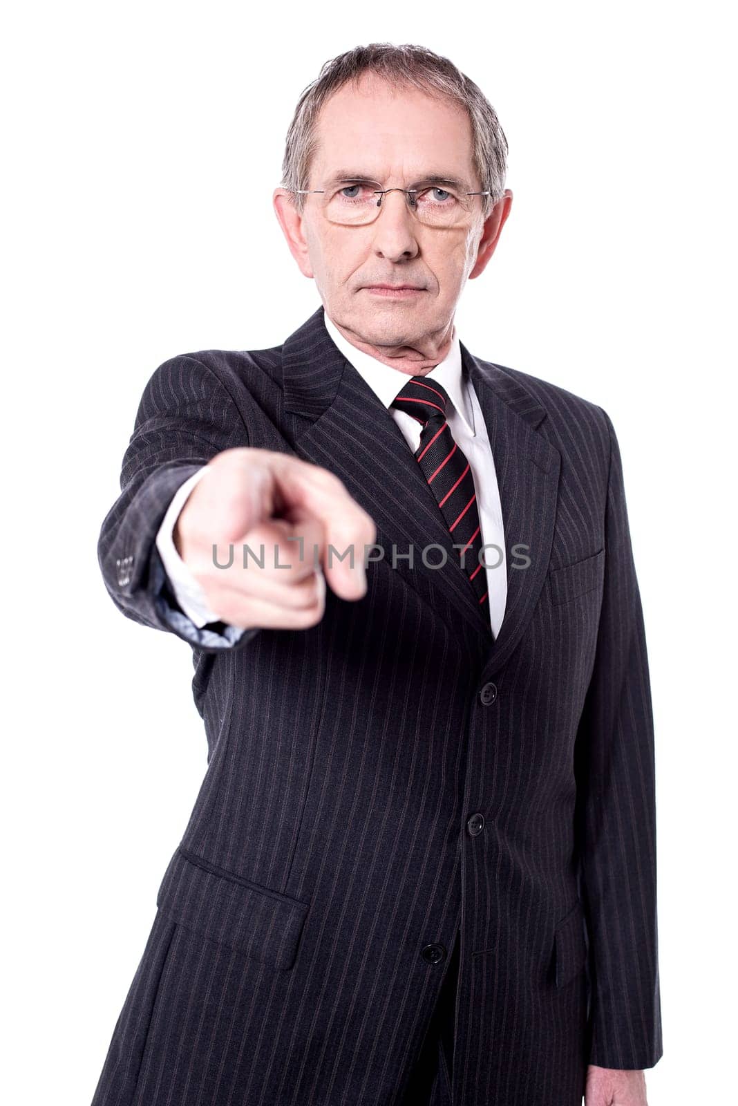 Serious senior director pointing index finger at you.