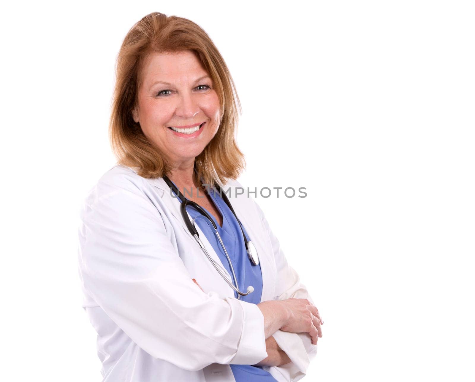 female caucasian doctor posing on white isolated background