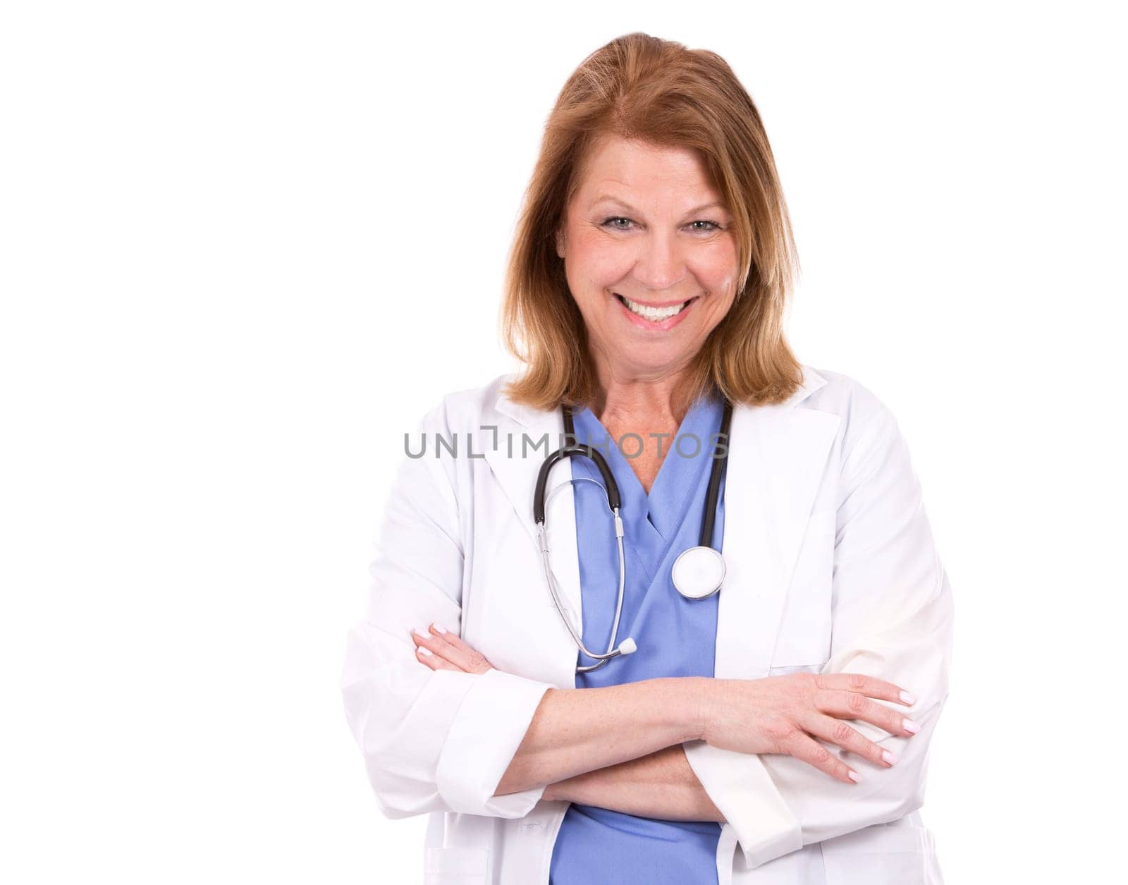 female caucasian doctor posing on white isolated background