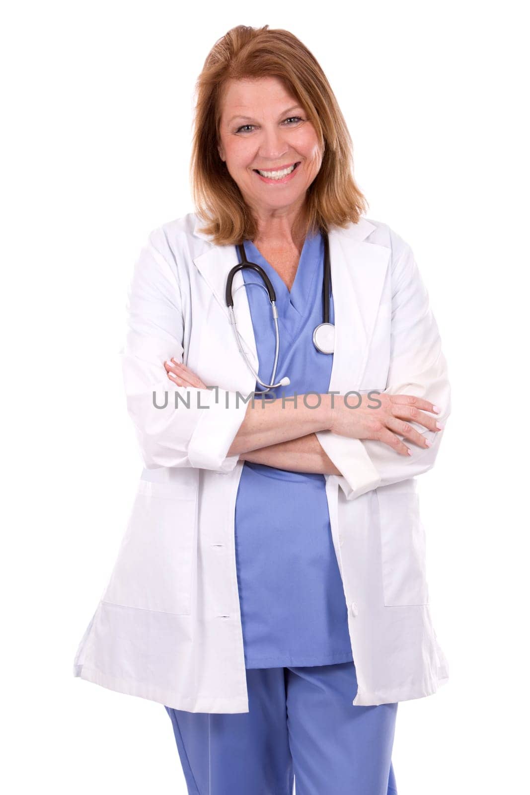 female caucasian doctor posing on white isolated background