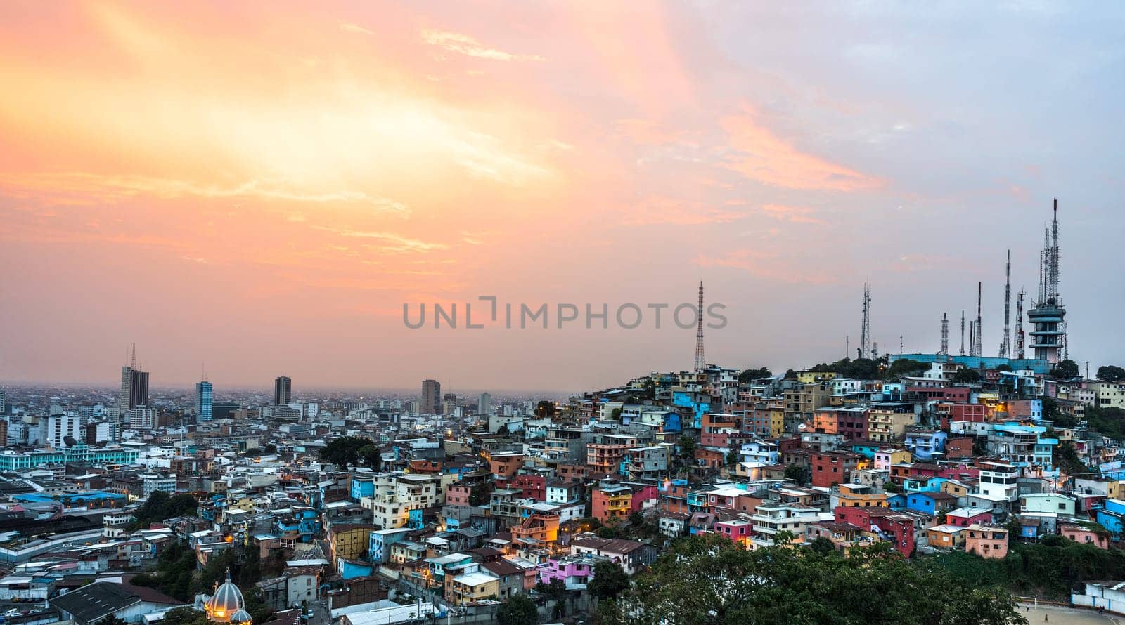 Panoramic photo of Guayaquil city at sunset, Ecuador, South America
