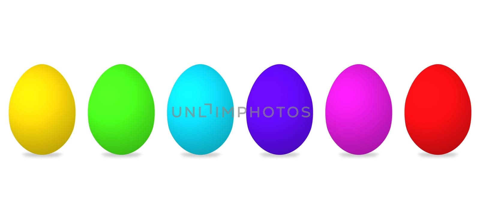 Six colorful Easter eggs in yellow green light blue purple pink and red
