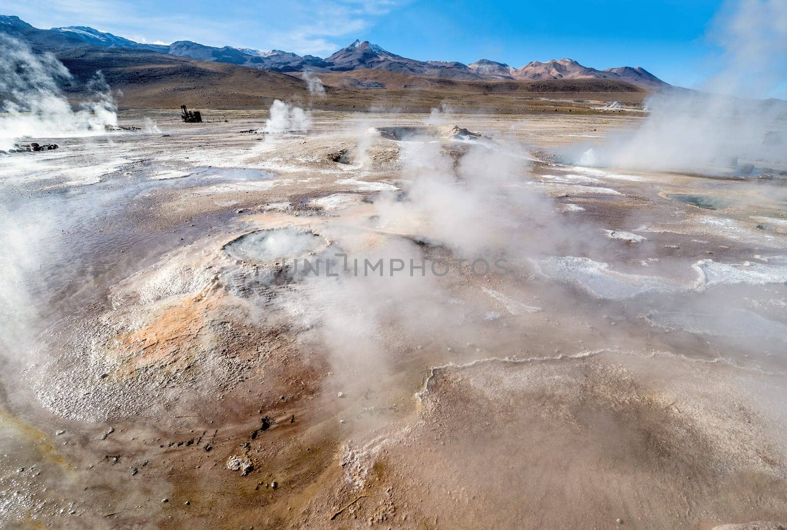Valley Geysers at El Tatio, northern Chile at Sunrise, Atacama Region, close to the Bolivian border