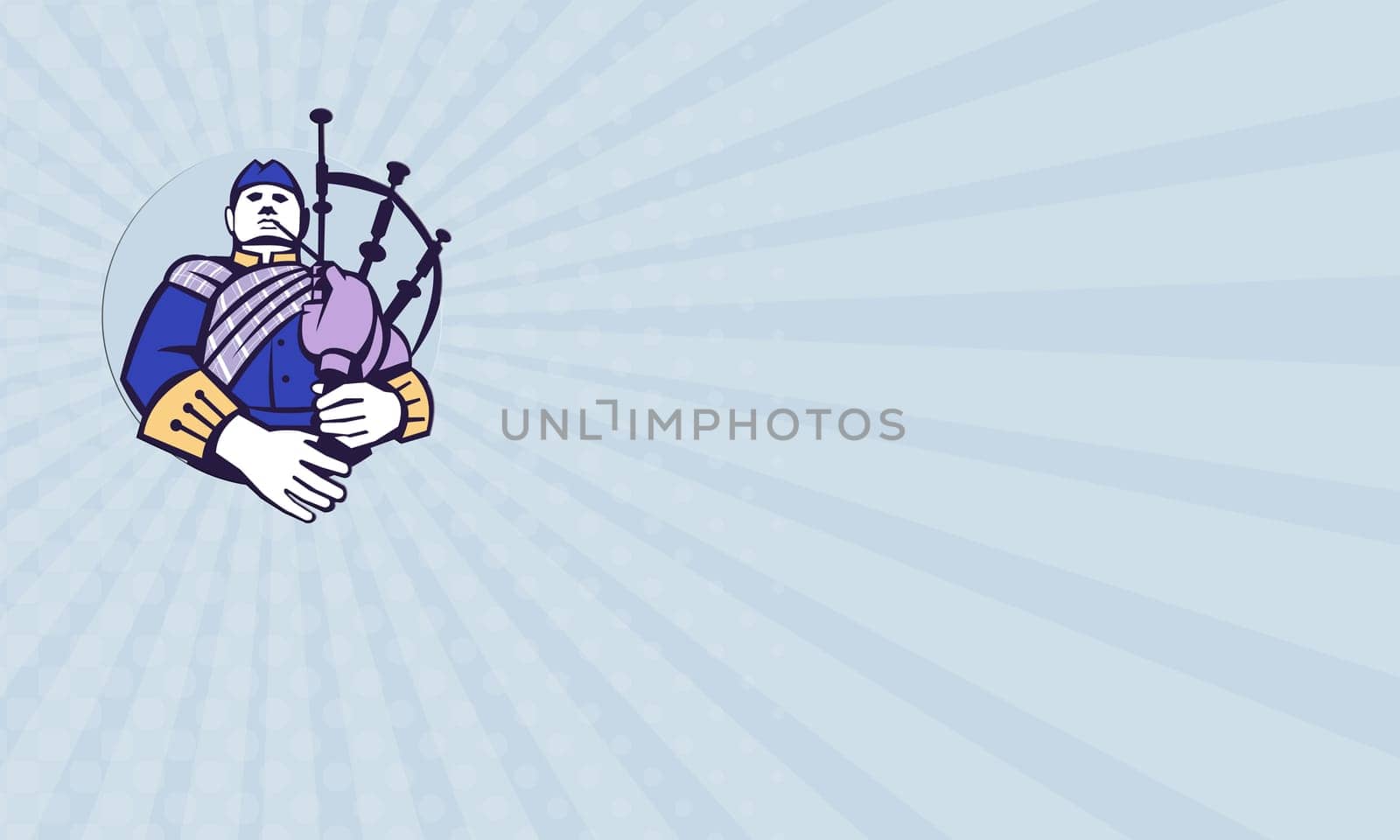 Business card showing illustration of a scotsman bagpiper player playing bagpipes viewed from front set inside circle on isolated background done in retro style.